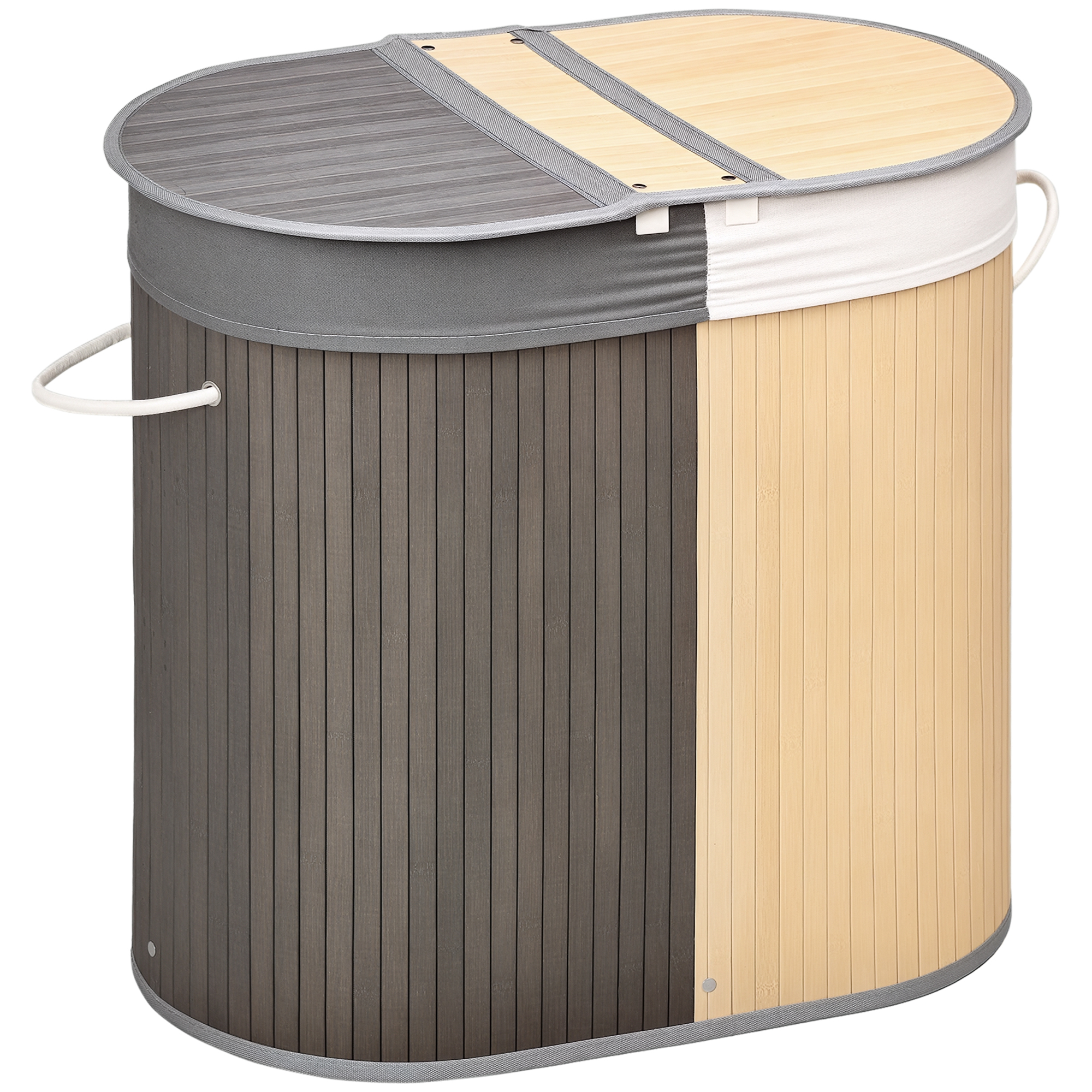 Wäschekorb Aus Bambus, 100 L Fassungsvermögen, 2 Fächer, 62,5 X 37 X 60,5 Cm, Grau
