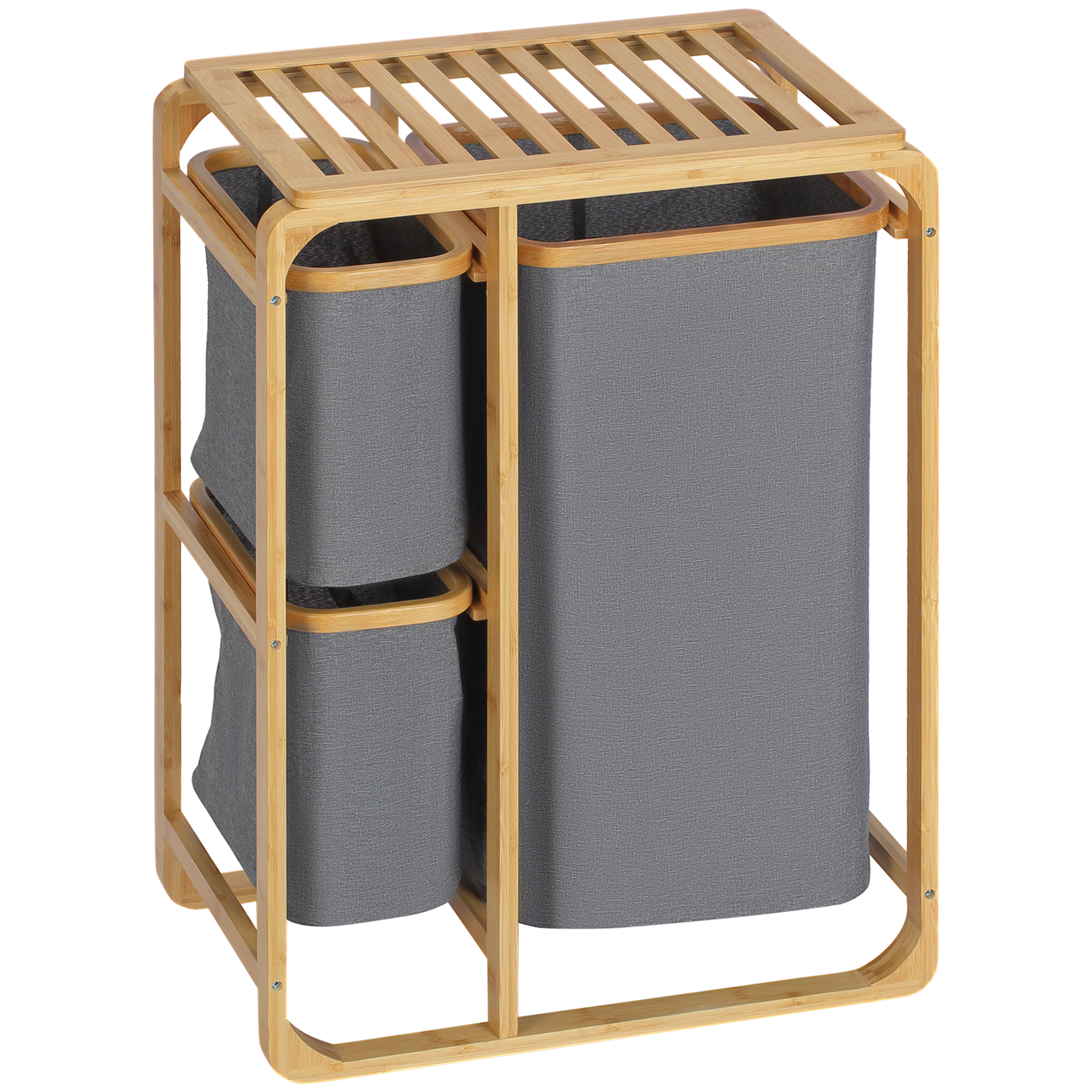 Wäschekorb Aus Bambus Mit 3 Herausnehmbaren Stoffbeuteln, 50 X 32 X 69,7 Cm, Grau