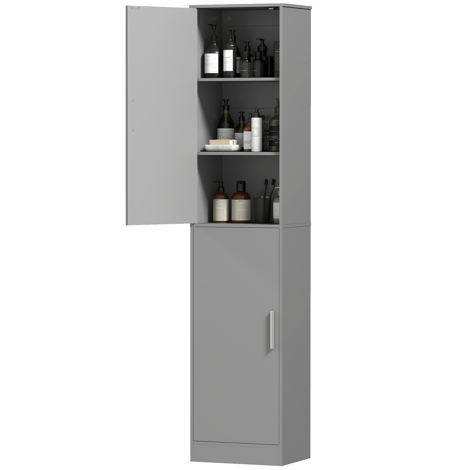 Badezimmerschrank Mit 2 Türen Und 4 Verstellbaren Einlegeböden, 40 X 35 X 180 Cm, Grau