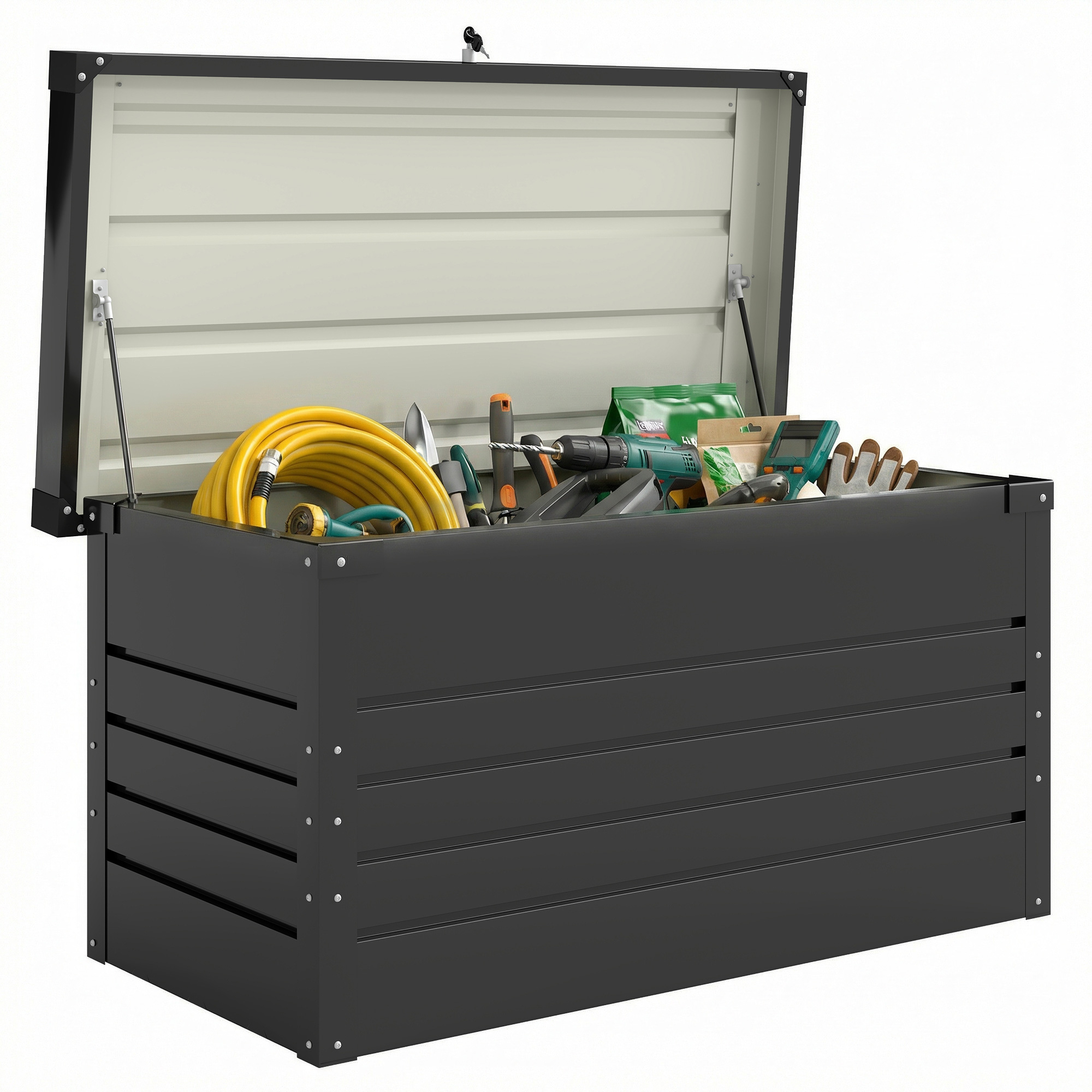 Metall-gartenbox, 350 L, Gepolsterte Aufbewahrungsbox Mit Doppelwandigem Deckel, 120 X 61 X 62 Cm, Wasserdicht, Abschließbar, Grau