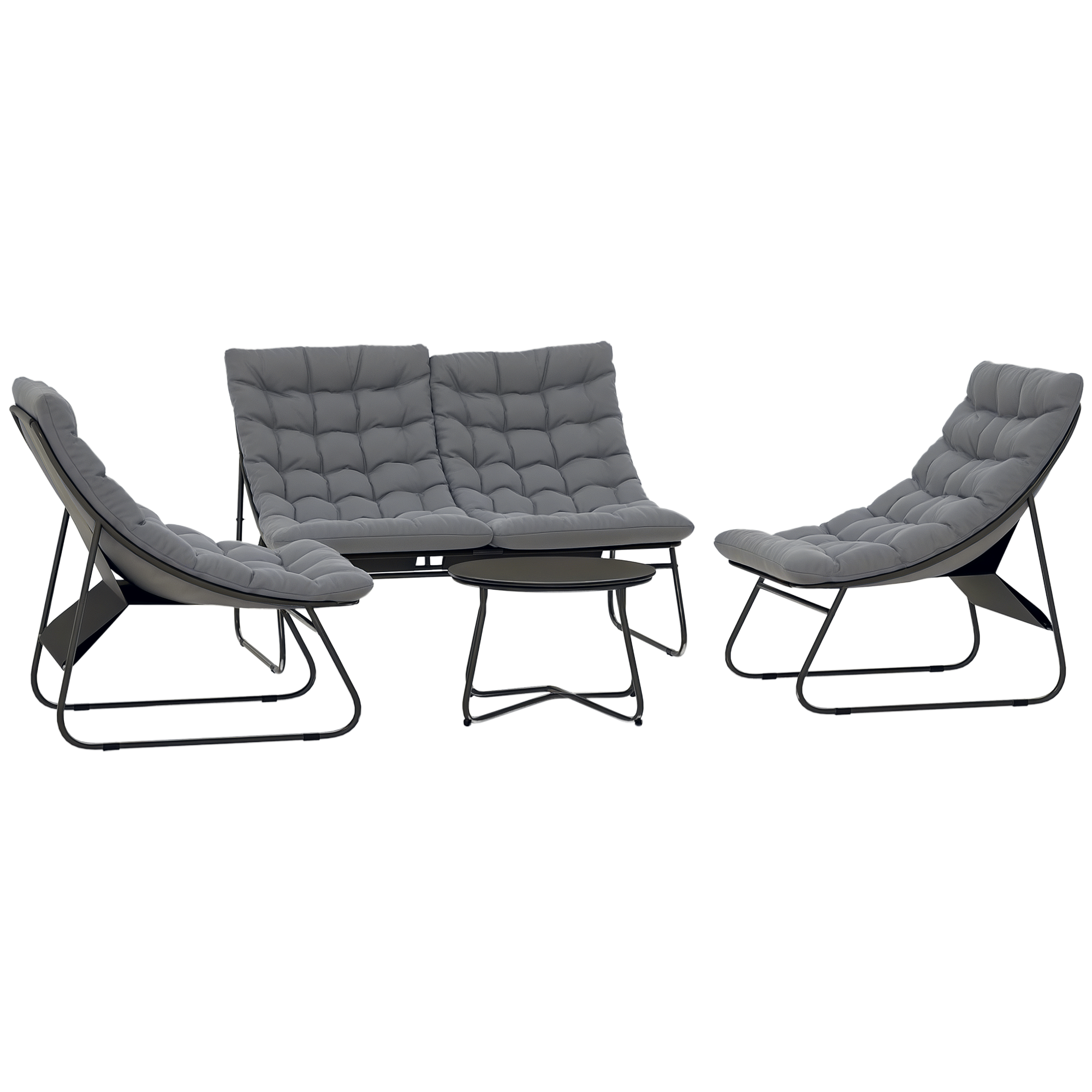 4-teiliges Gartenmöbelset, 2 Stühle, 1 Zweisitzer-sofa, 1 Tisch, Dicke Kissen, Stahlgestell, Für Terrasse, Grau