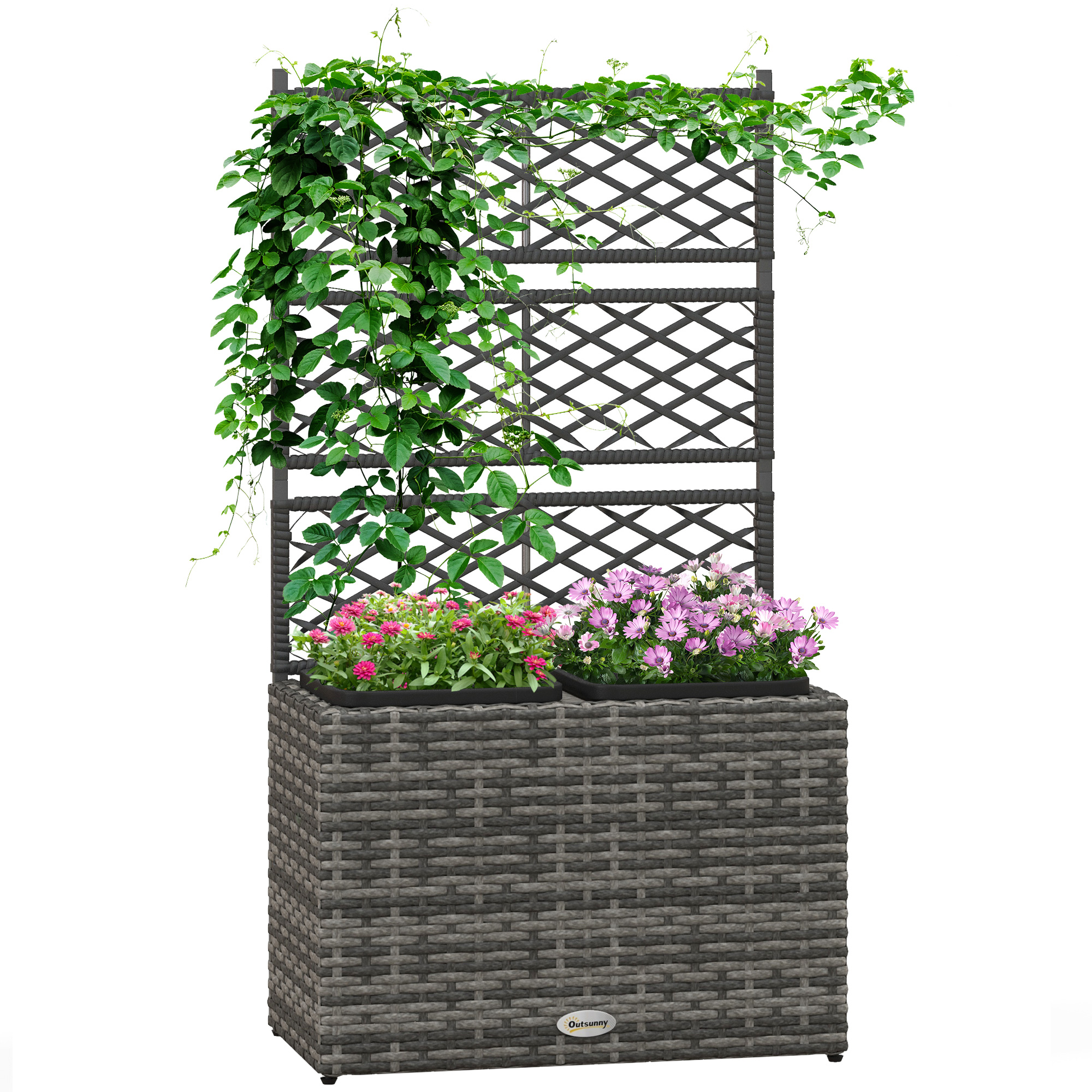 Pflanzkasten Mit Rankgitter Für Kletterpflanzen, 2 Töpfe, Aus Stahl Und Pe-rattan, 57 X 30 X 107 Cm, Grau