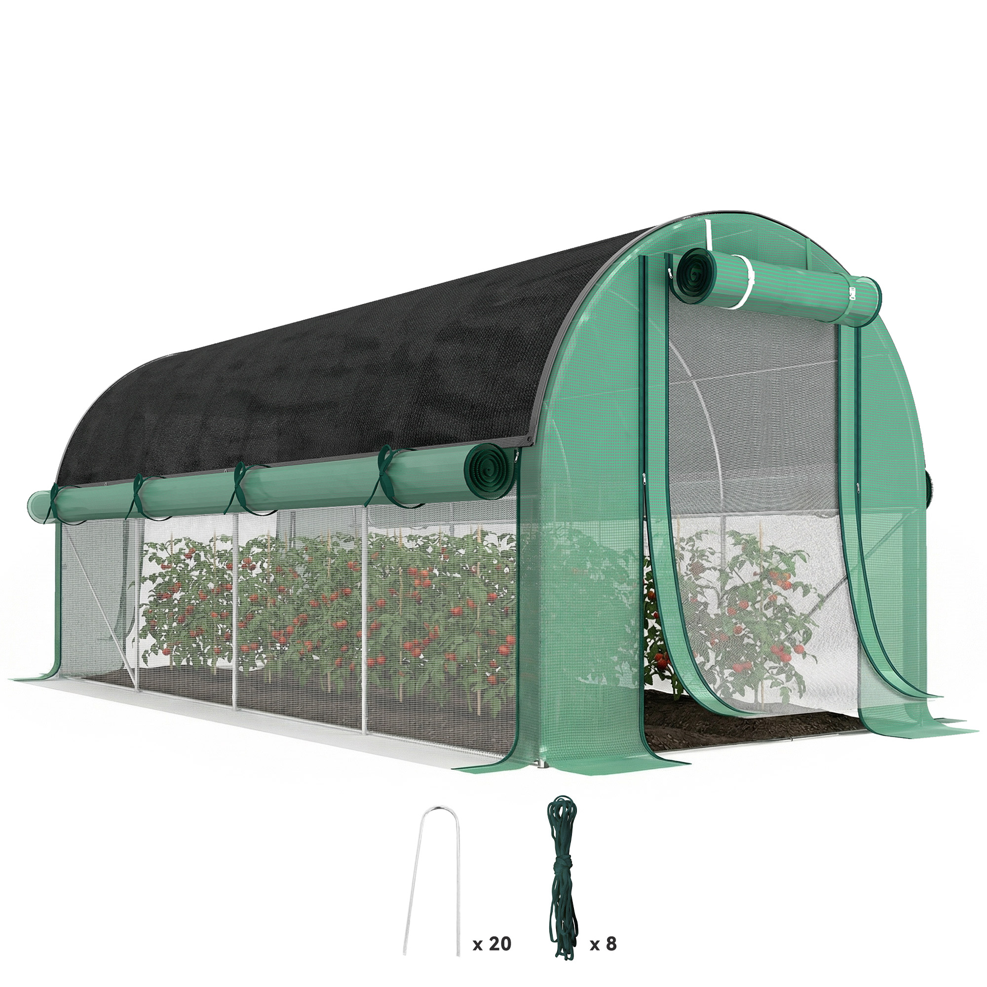 Tunnelgewächshaus 4,5 X 2 X 2 M Mit 140 G/m² Pe-folie, Aufrollbaren Seitenwänden, 8 Fenstern Und 2 Türen, Grün