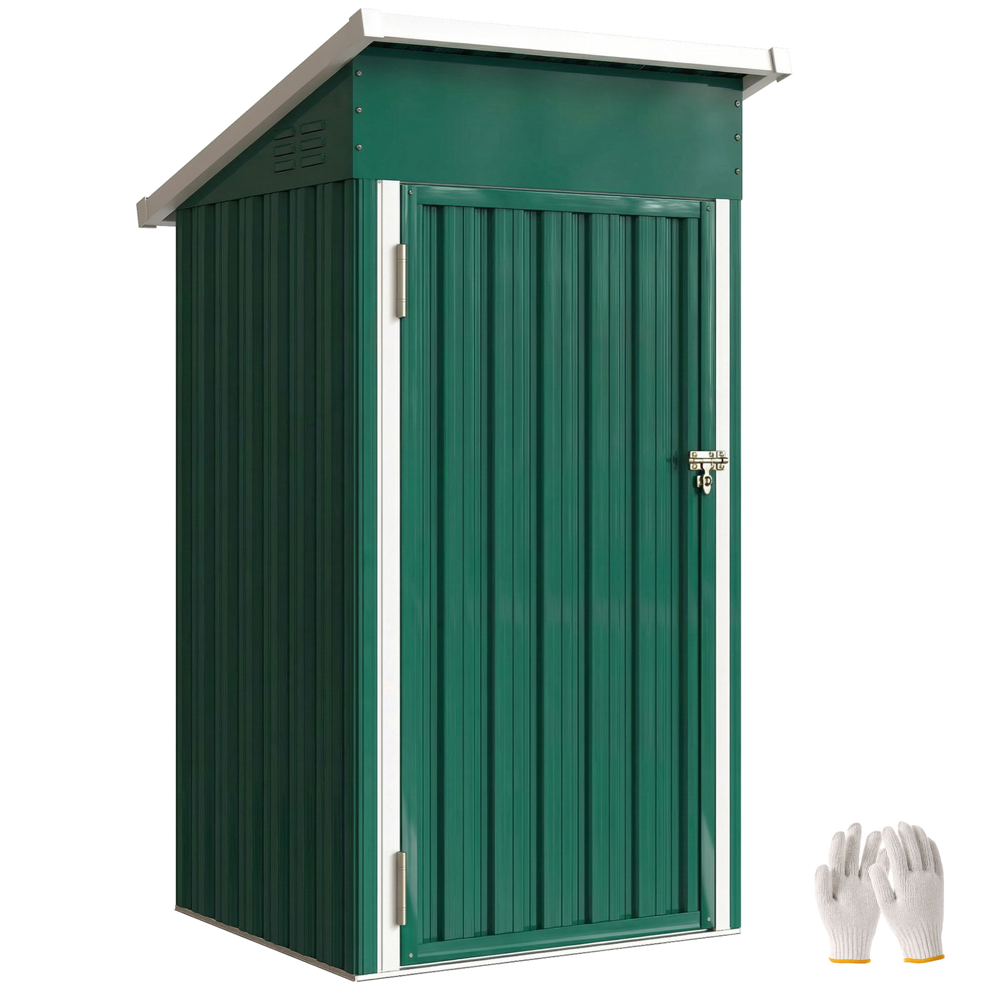 0,74 M² (107,5 X 91 X 185 Cm) Metall-gartenhaus Mit Schrägdach, Abschließbarer Tür Und Belüftung – Grün