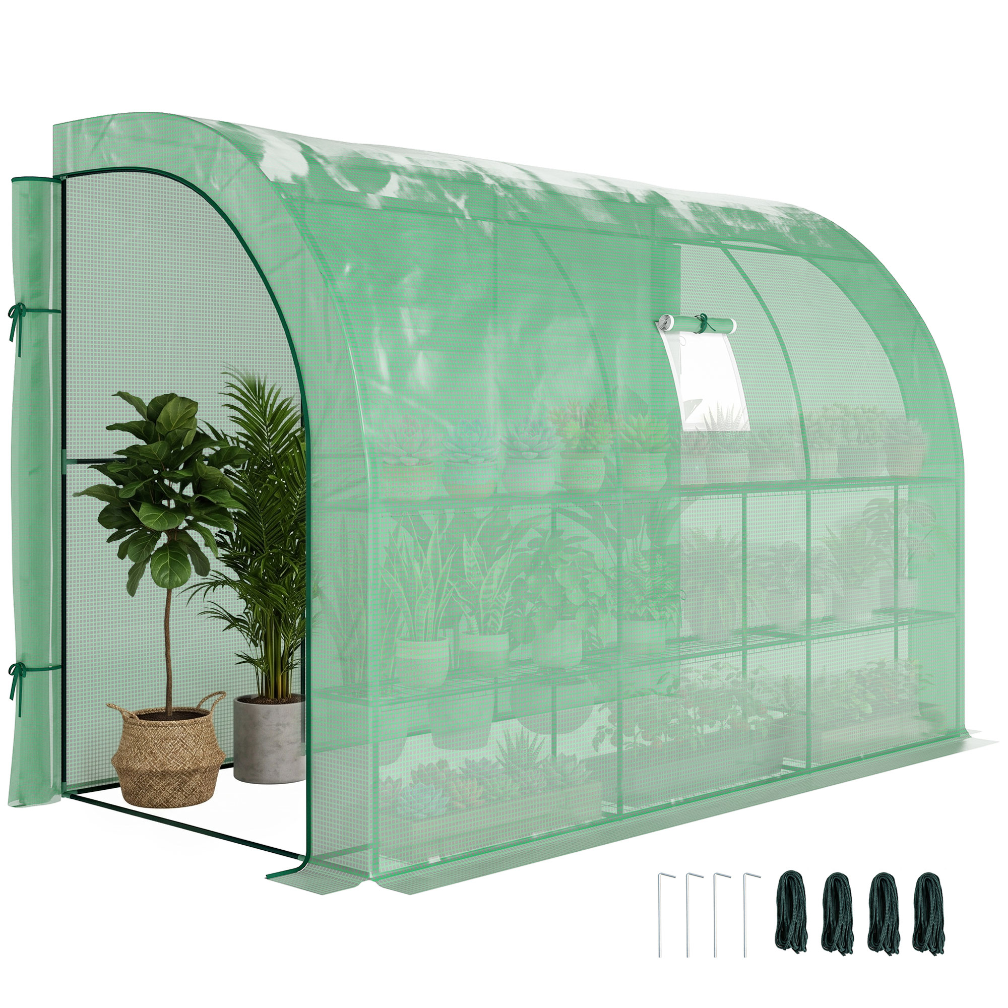 Gartengewächshaus Mit Uv-beständiger Kunststoffabdeckung, 3 Ebenen, Türen Mit Reißverschluss, Grün