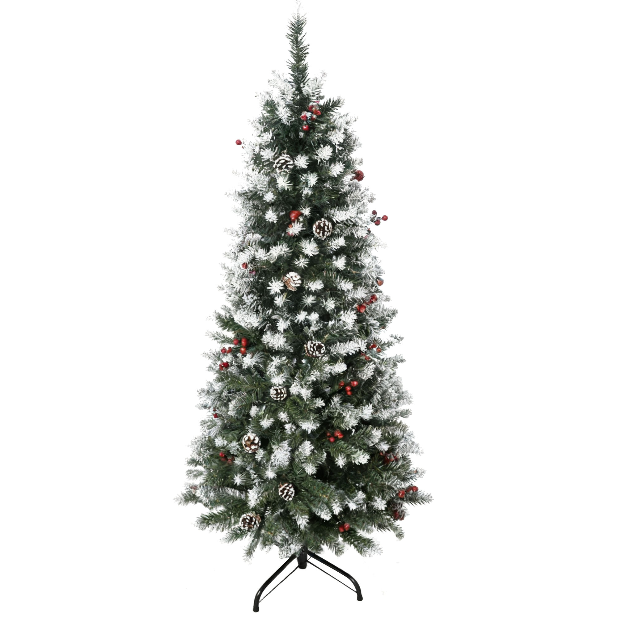 150 Cm Hoher, Künstlicher, Schneebedeckter Weihnachtsbaum Mit Roten Beeren Und Weißen Tannenzapfen, Abnehmbarem Klappfuß, 408 Zweigen