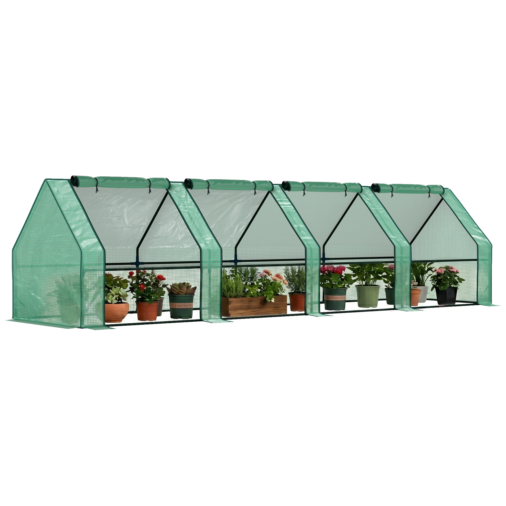 Mini-gewächshaus Mit 4 Rolltüren Und Stretchfolie, Aus Stahl Und Pe, 360 X 90 X 90 Cm, Grün
