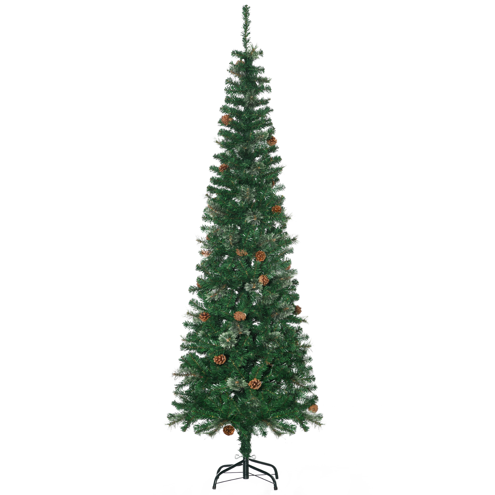 195 Cm Hoher Weihnachtsbaum Mit 556 Zweigen, Schmaler, Stiftförmiger Baum Mit 25 Tannenzapfen, Faltbarer Ständer, Grün