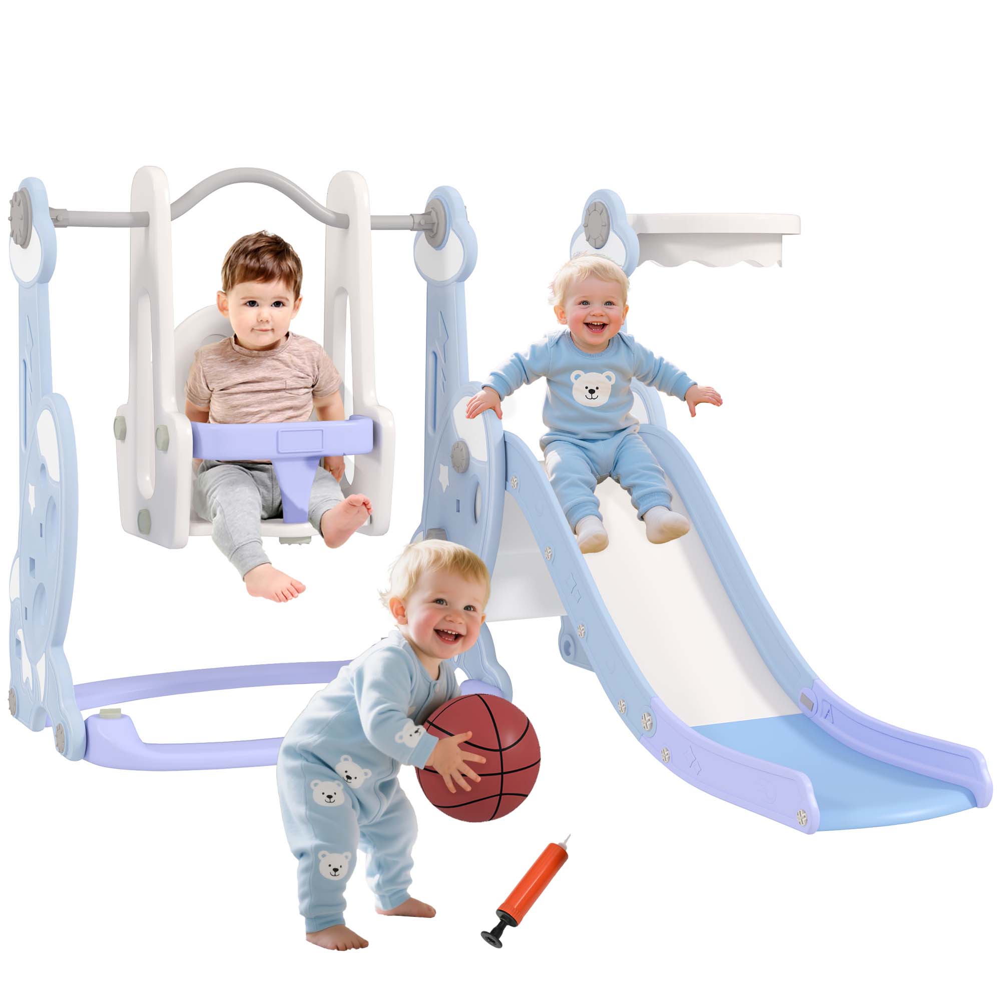 4-in-1-kinderspielbereich Mit Rutsche, Schaukel, Klettergerüst Und Basketballkorb, 147,5 X 160 X 107 Cm, Hellblau