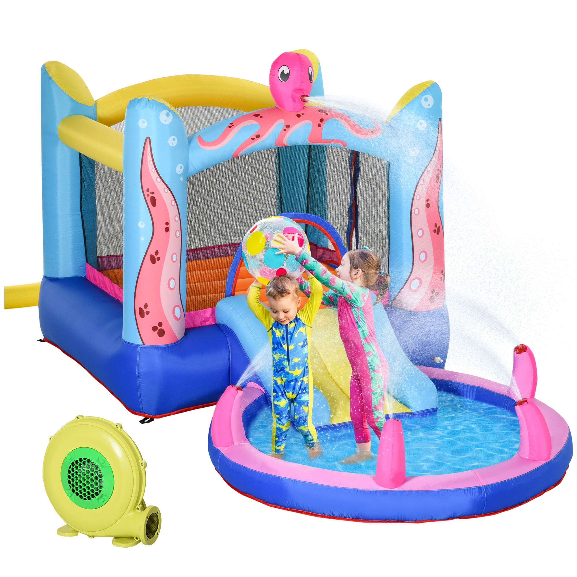 Selbstaufblasende Hüpfburg Inklusive Aufblaspumpe, Reparaturflicken, 1 Trampolin, 1 Wasserbecken, 1 Rutsche, 360 X 175 X 180 Cm