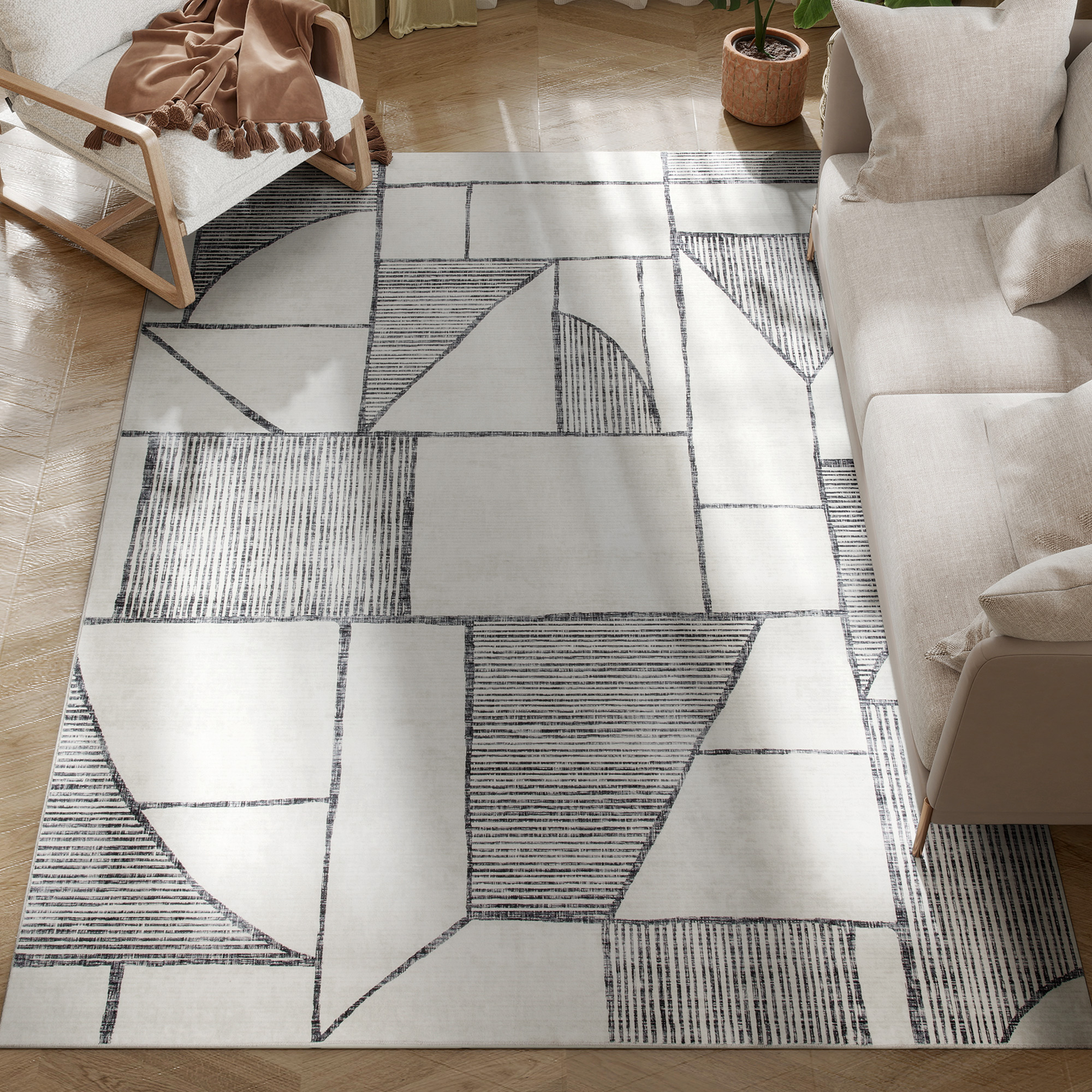 Moderner, Rutschfester Teppich Mit Geometrischen Linien, Aus Mehrfarbigem Polyester, 230 X 160 X 0,7 Cm