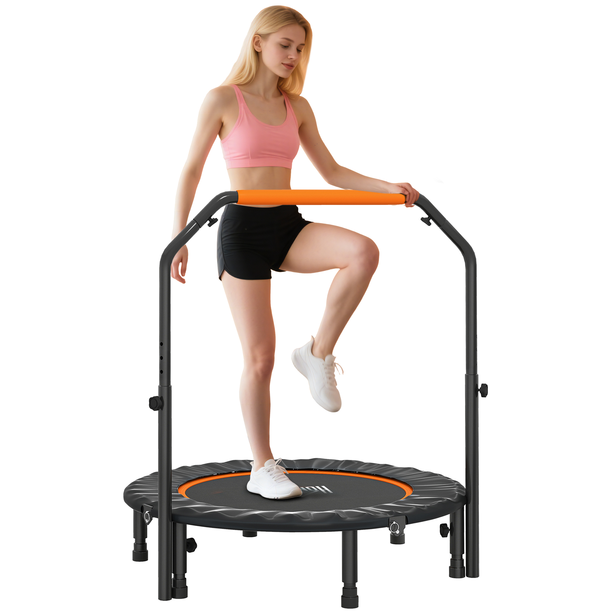 Klappbares Trampolin Ø102 Cm Mit Verstellbarem Griff, Stahlrahmen Zur Bein- Und Körperverstärkung, Schwarz Und Orange