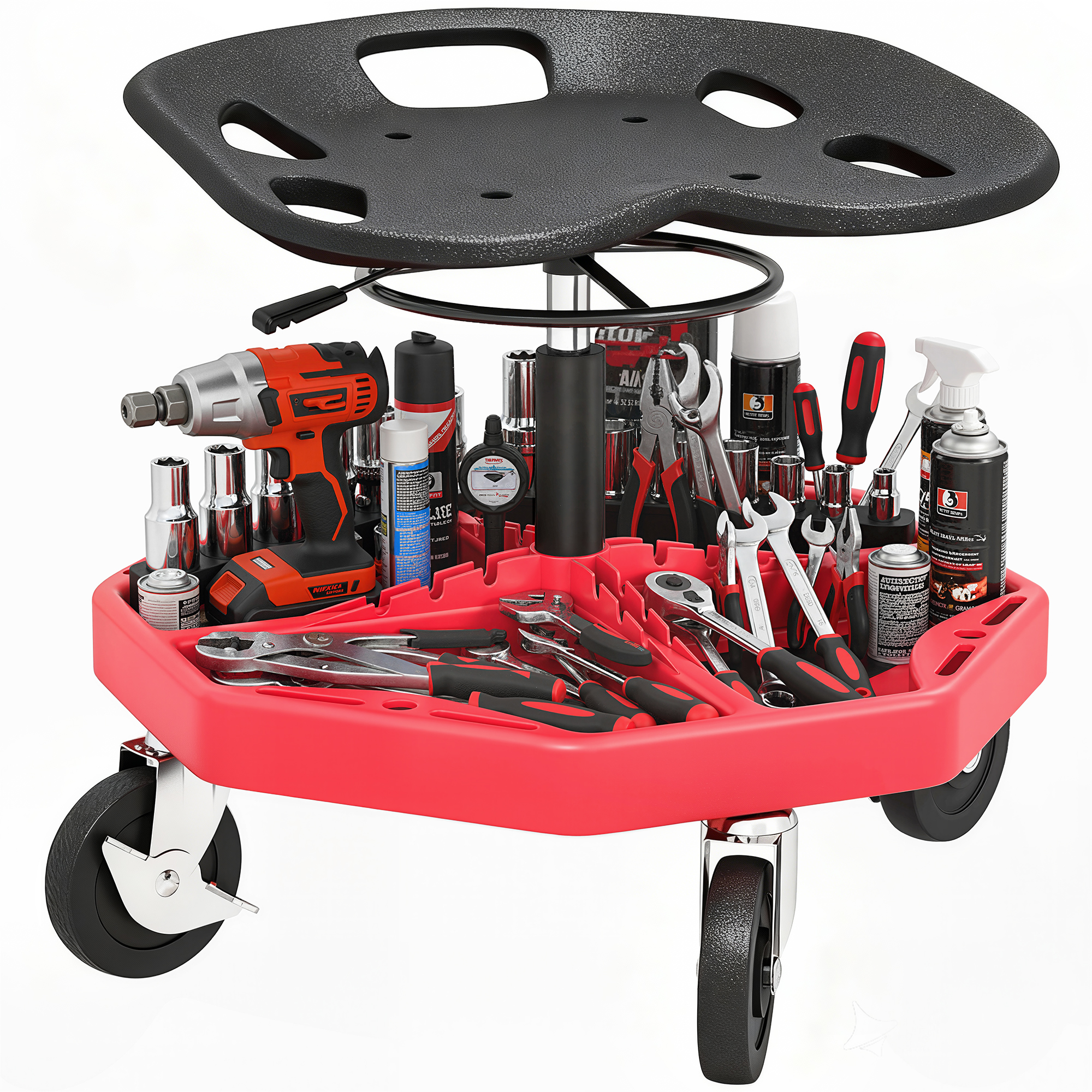 Mobiler Werkstatthocker Mit Magnetischer Ablage, Rollen, Höhenverstellbar Von 52 Bis 59,5 Cm, Tragkraft 135 Kg Für Die Garage, Rot