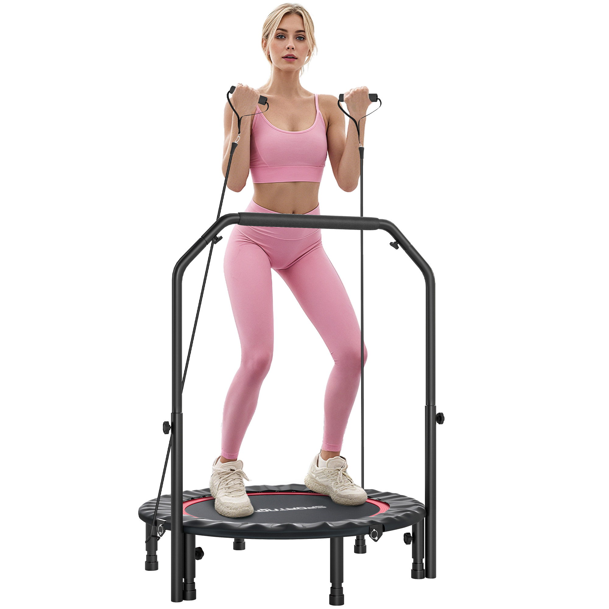 Klappbares Trampolin Ø102 Cm Mit Verstellbarem Griff, Stahlrahmen Zur Bein- Und Körperverstärkung, Rot Und Schwarz