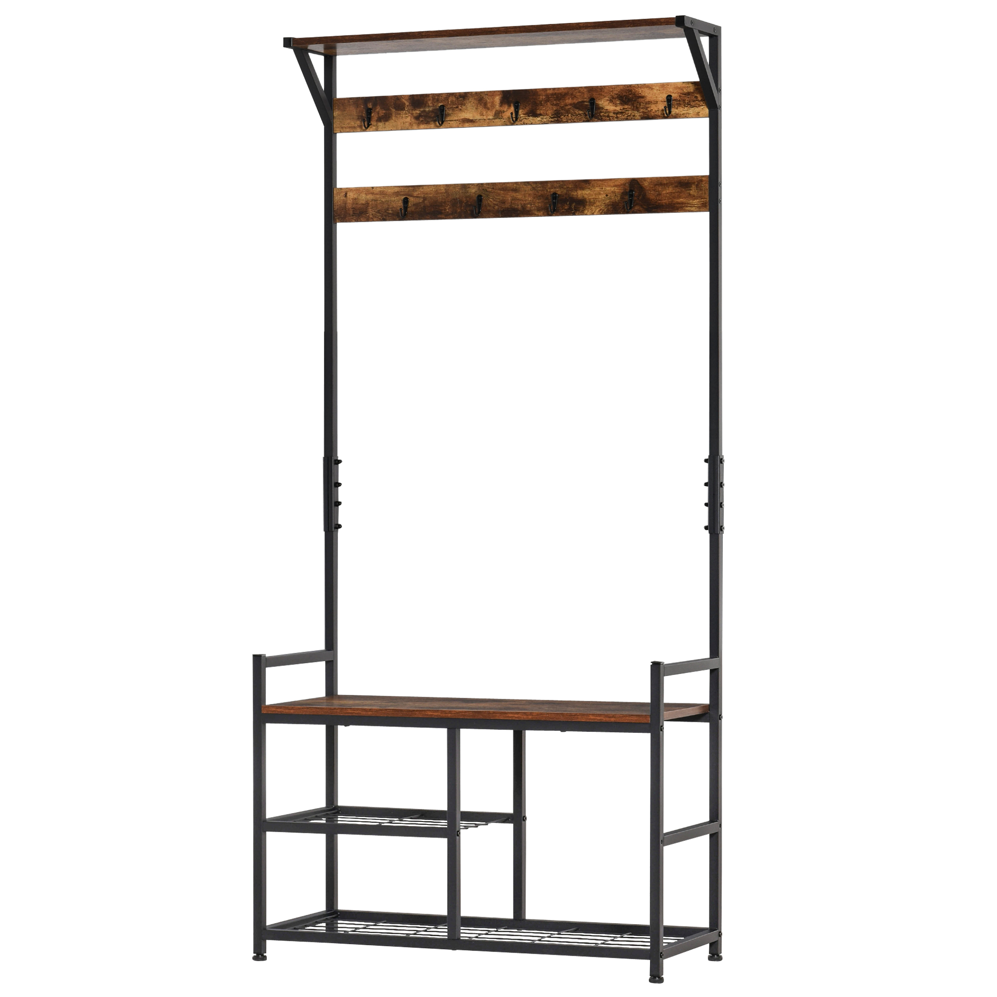 Garderobenständer Mit Schuhablage, 3 Ablagen, 9 Haken, Verstellbare Füße, Industriestil Für Flur Oder Schlafzimmer, 84 X 34,5 X 180 Cm, Schwarz/braun