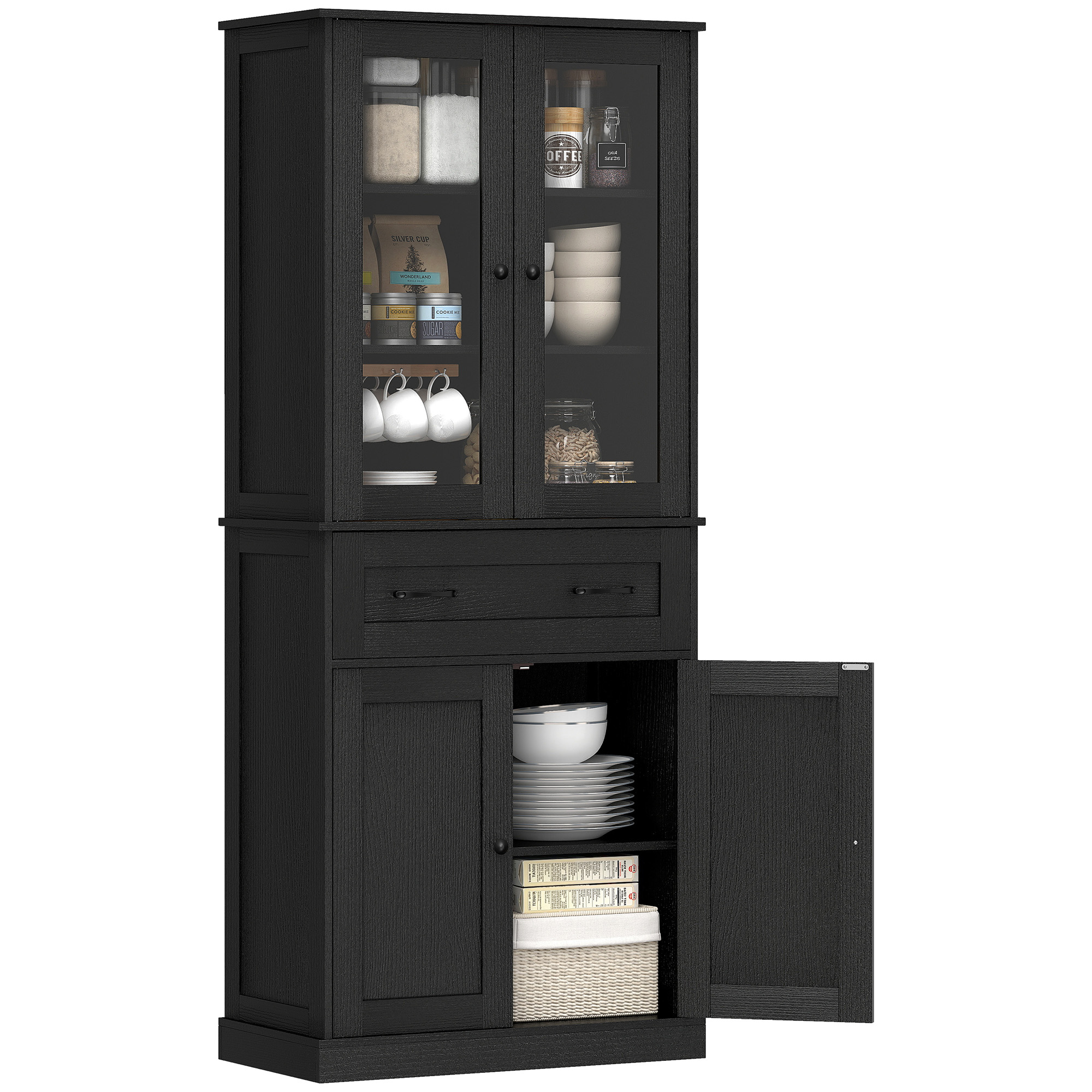 Küchenschrank, Sideboard, Acrylfront, Schubladen, 76 X 40 X 182,5 Cm, Schwarz