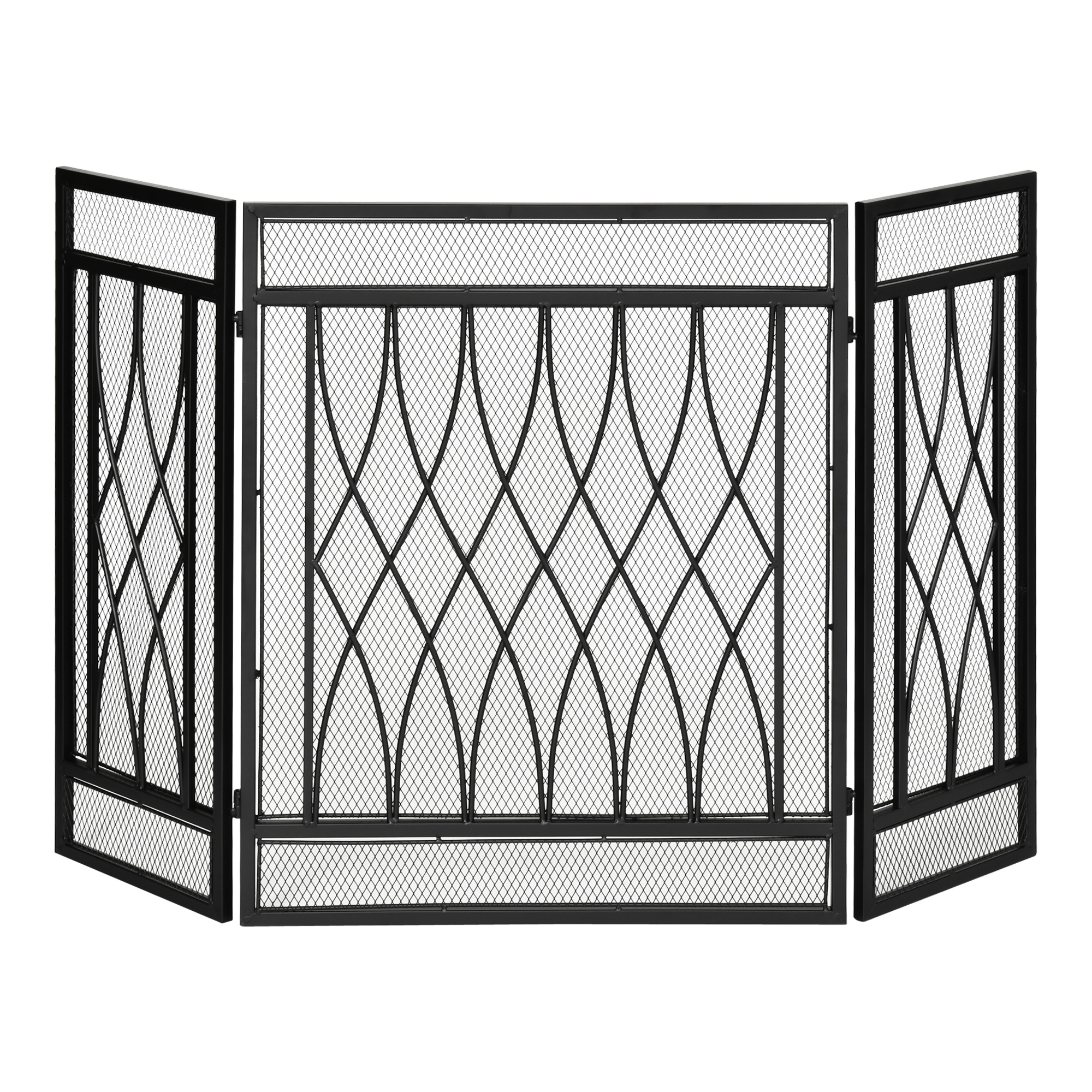 Faltbarer, Dreiteiliger Funkenschutz Mit Scharnieren Und Dekorativem Metallrahmen, 126 X 3 X 80 Cm, Schwarz