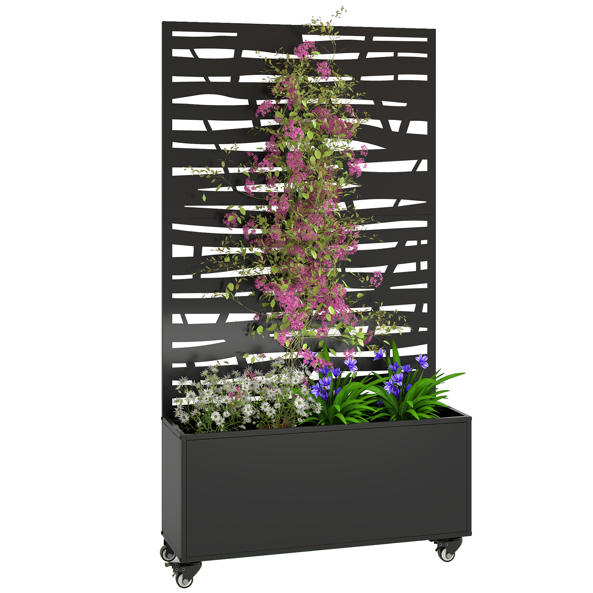 Pflanzkasten Mit Rankgitter, Metallblumenkasten Mit Sichtschutz Und Rollen, Rankgitter Aus Latten, 90 X 30 X 160 Cm, Schwarz