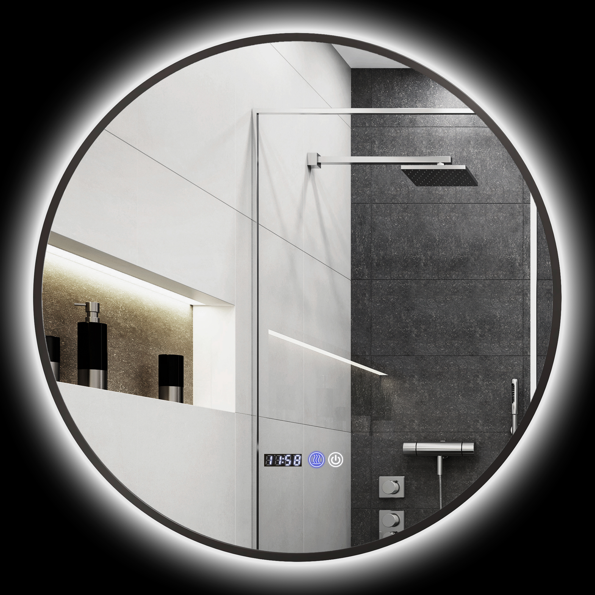 Badezimmerspiegel Mit Einstellbarer Led-beleuchtung, Antibeschlagfunktion Sowie Zeit- Und Temperaturanzeige, Ø 70 Cm, Schwarz