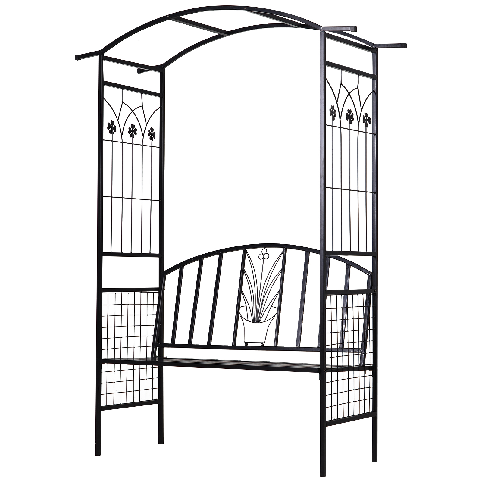 Pflanzbogen Mit Bank, Sitzbank, Bogen, Rankgitter, Stütze Für Kletterpflanzen, Garten, Bogendach, Metall, Schwarz, 154 X 60 X 205 Cm