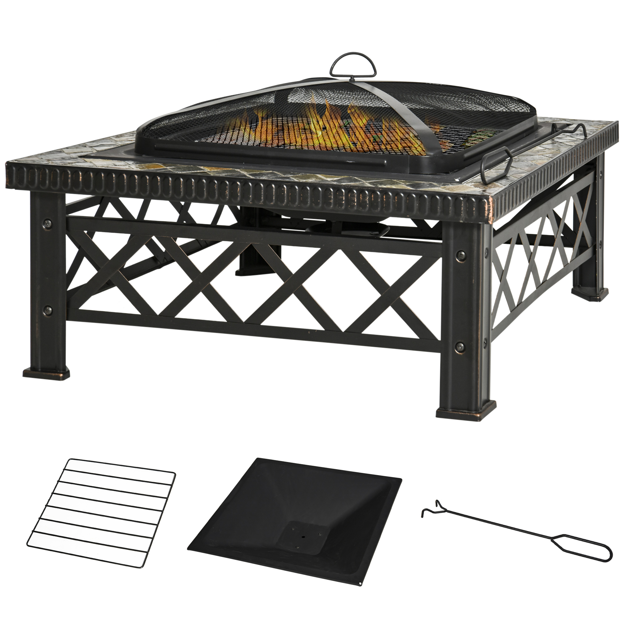 3-in-1 Feuerstelle/bombenkorb Für Den Außenbereich Mit Funkenschutzgitter, Grillrost Und Eisbehälter – Gartengrill – Schwarz – 76 Cm X 76 Cm X 47 Cm