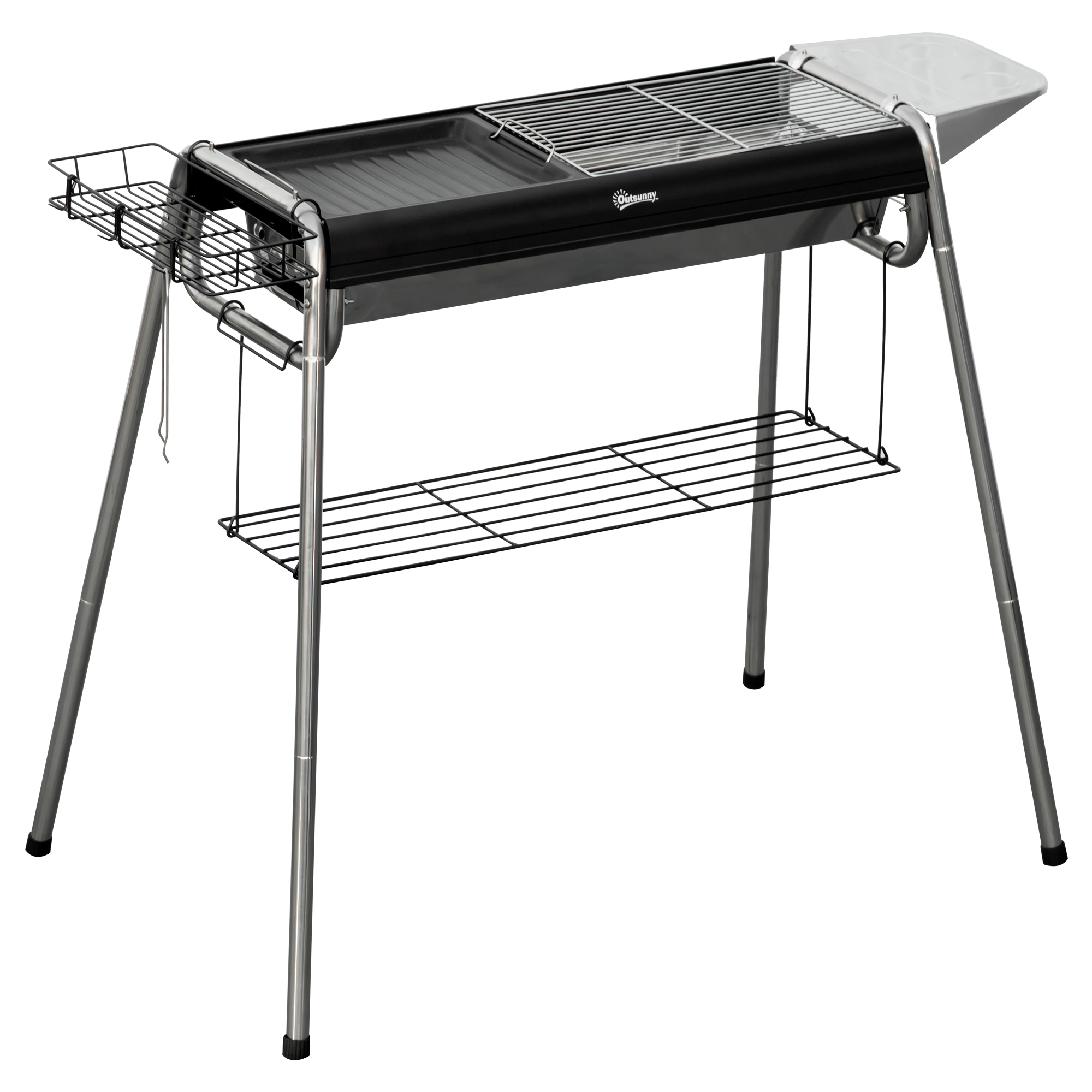 Holzkohlegrill Mit Grillrost, Grillplatte, Korb Und Ablagen, 107 X 63 X 75 Cm, Schwarz