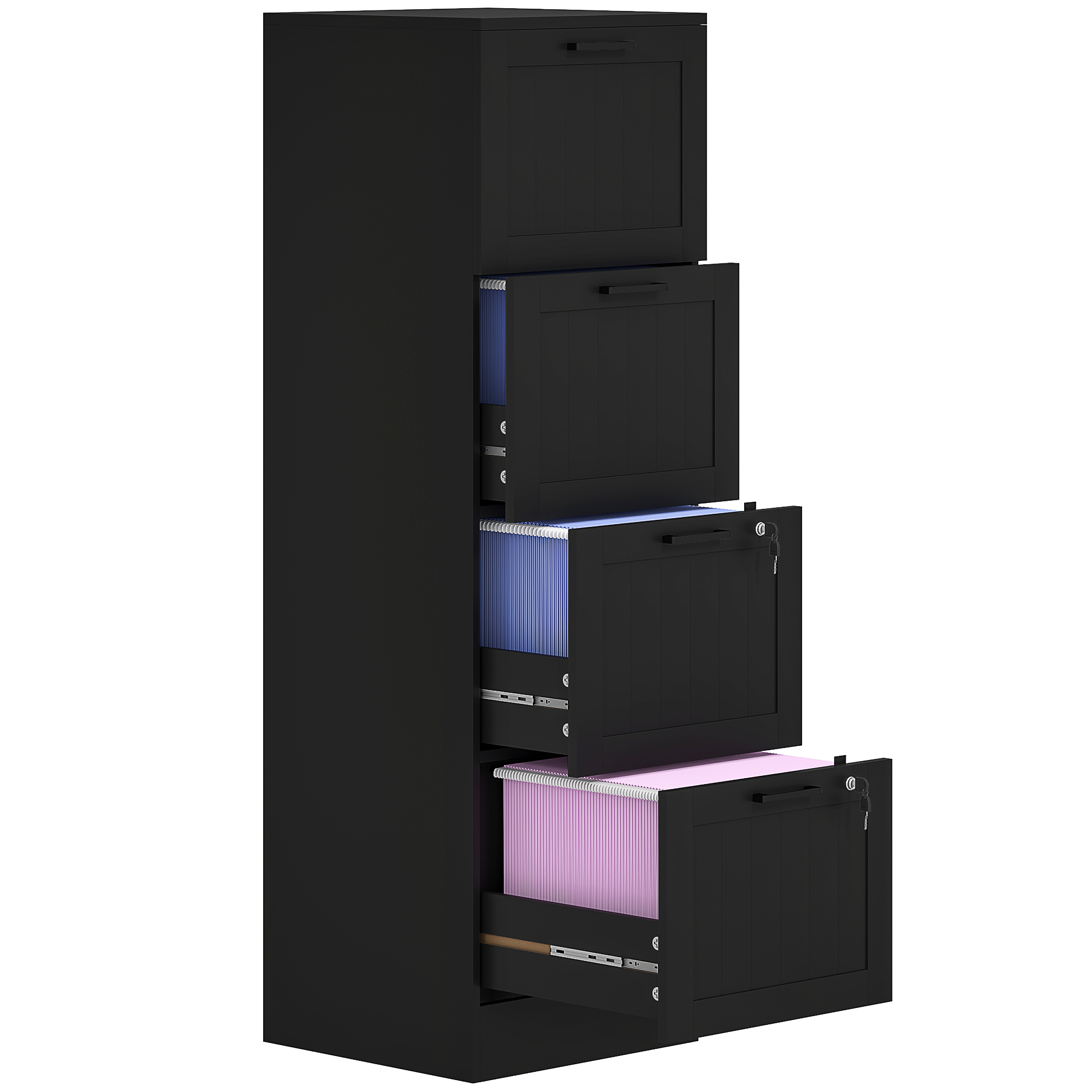 Aktenschrank Mit 4 Schubladen, Verstellbarer Schiene Und 2 Schlössern, Aus Holz, 40 X 40 X 131 Cm, Schwarz