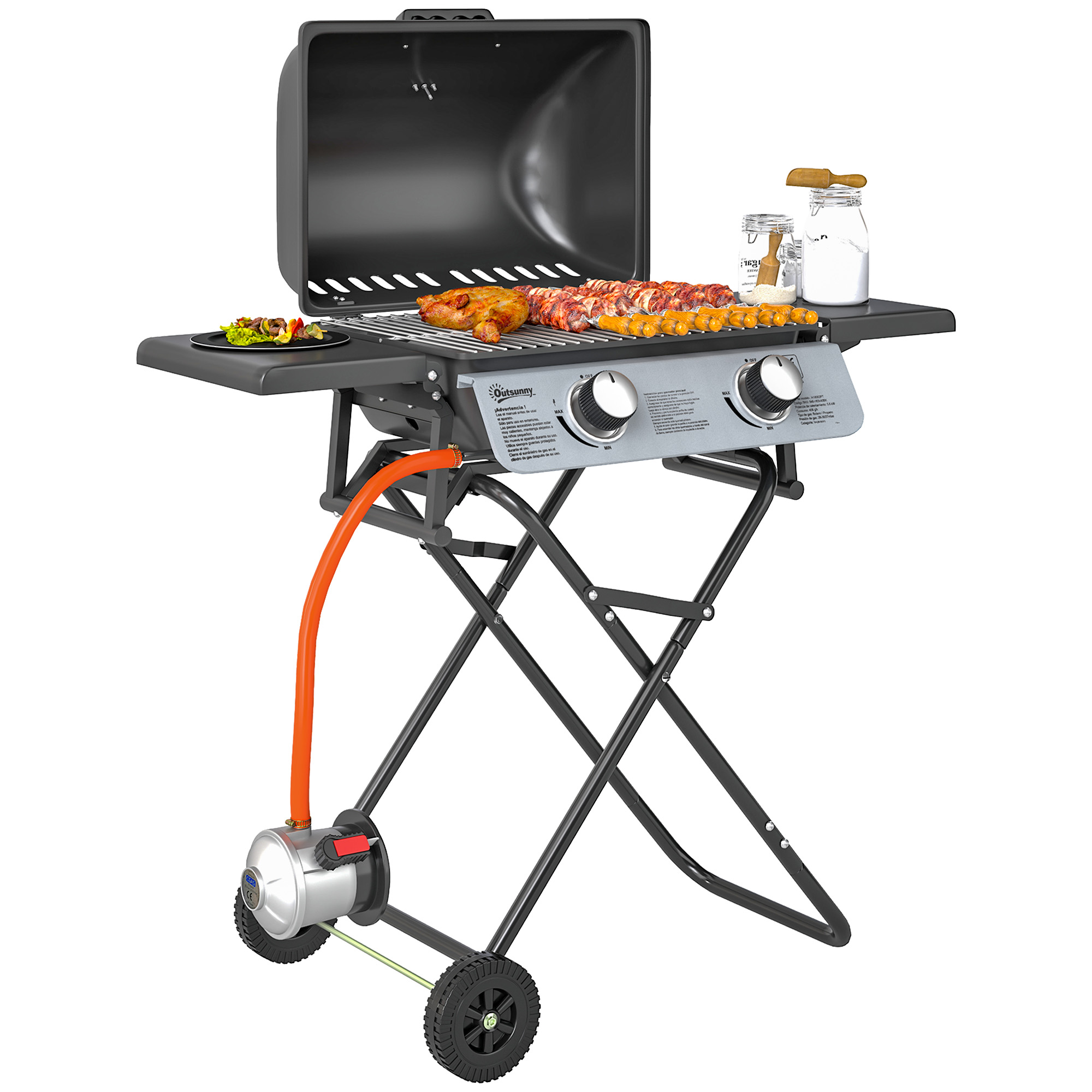 Gasgrill (5,6 Kw), Grillwagen Mit 2 Edelstahlbrennern, Klappbar, Mit Seitenablagen Und Rädern, 101 X 50 X 102 Cm, Schwarz