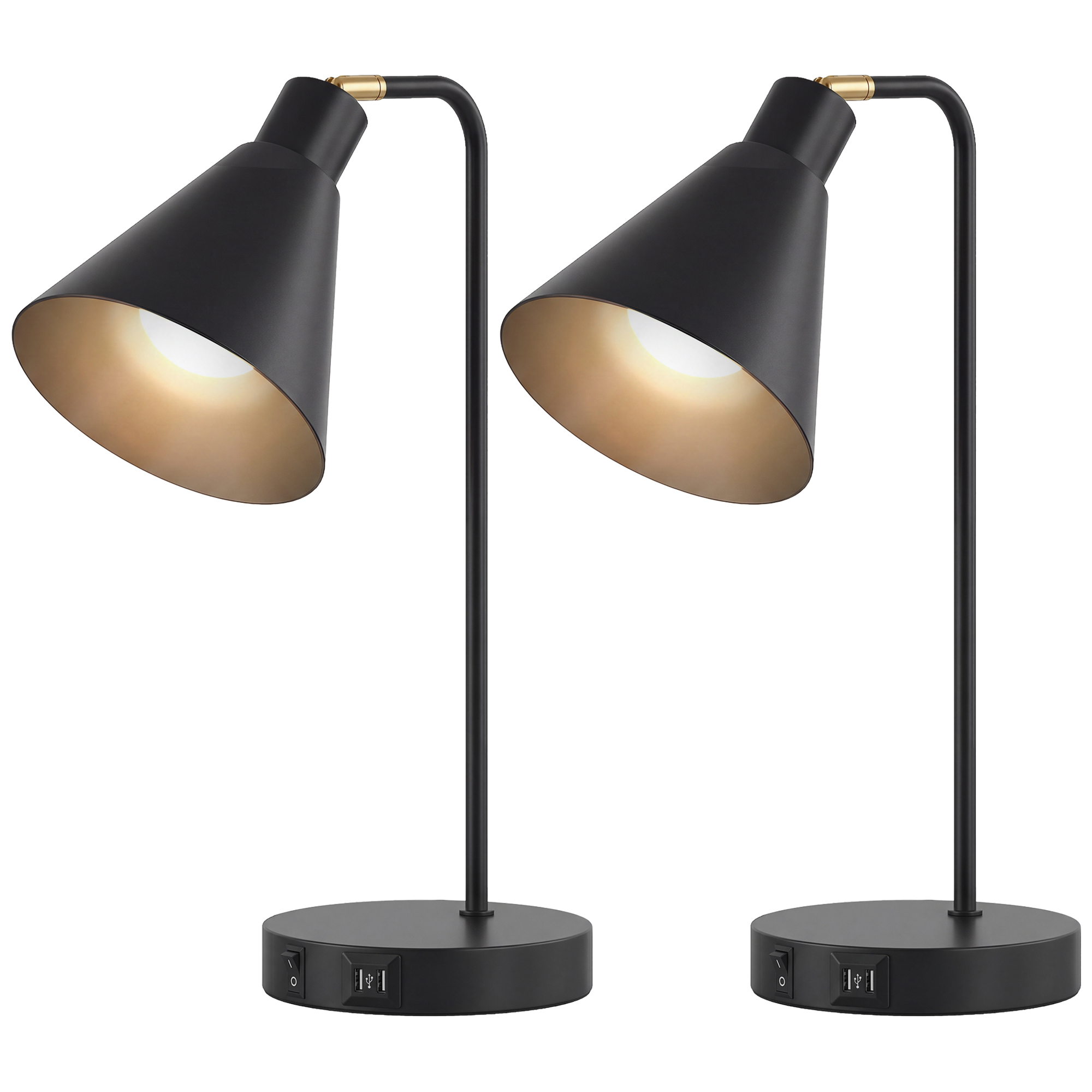 Set Aus 2 Modernen Tischlampen Aus Stahl Mit Usb-anschlüssen, E27-fassung, Schwarz