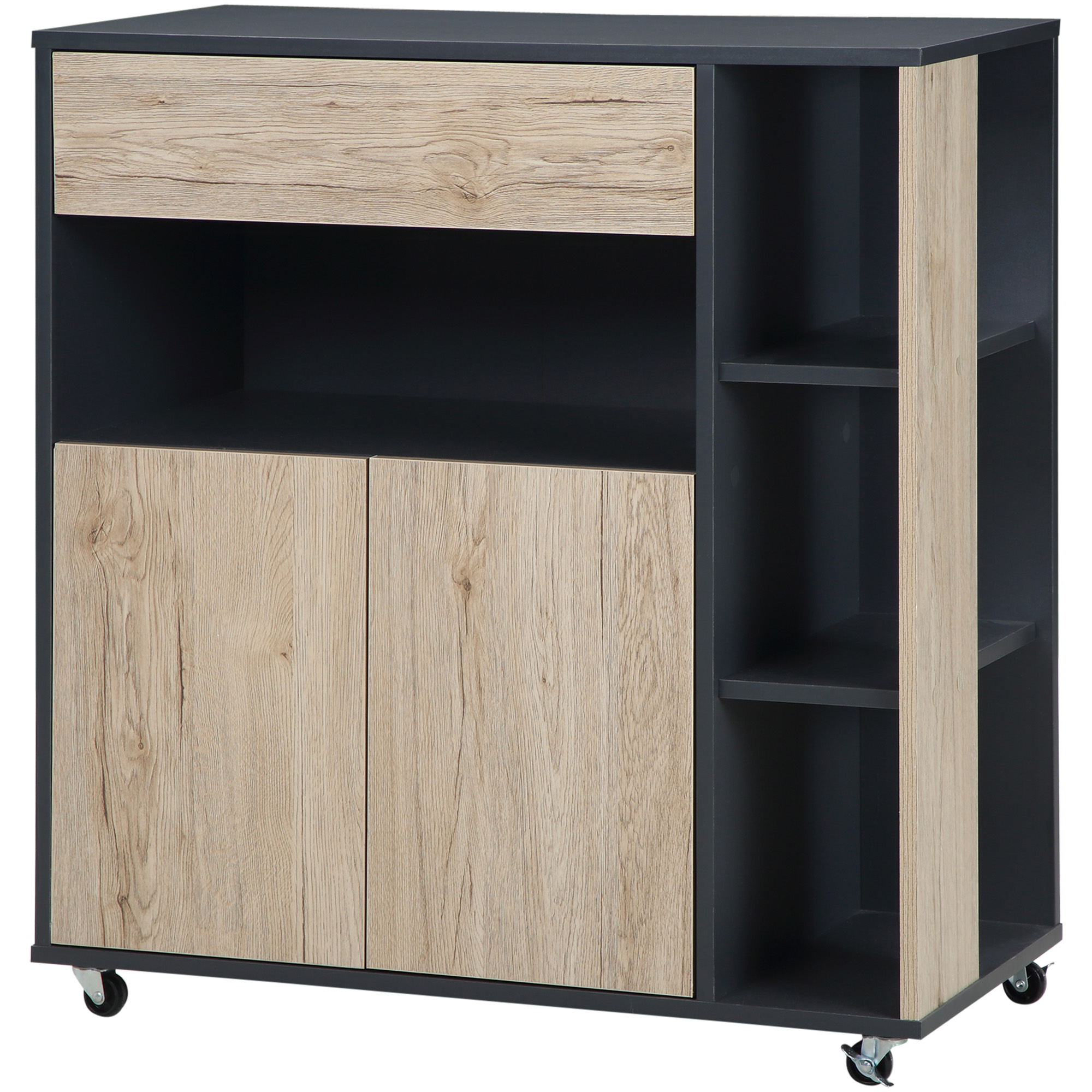 Multifunktionaler Küchenwagen Mit Schublade, Schrank Und Ablage, Aufbewahrungsmöglichkeiten Für Kücheninseln, 4 Rollen, 80 X 39 X 86,5 Cm, Holz Und Schwarz