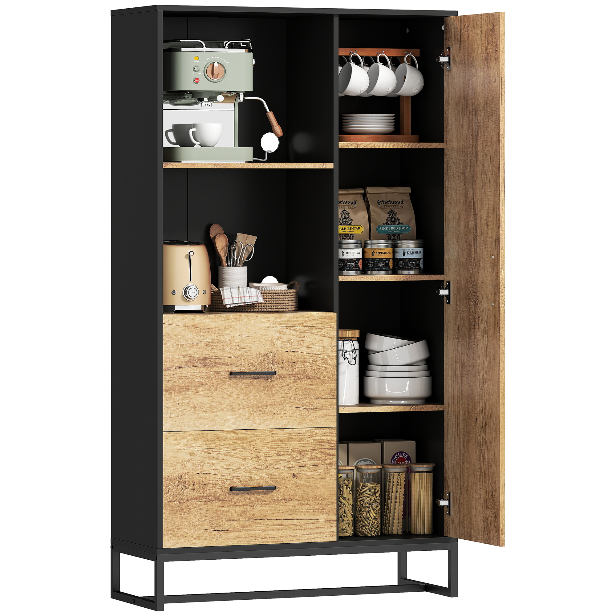 Modernes Küchen-sideboard Mit 2 Schubladen, 2 Ablagen Und Einem Schrankfach, 88 X 35 X 160 Cm, Holz Und Schwarz