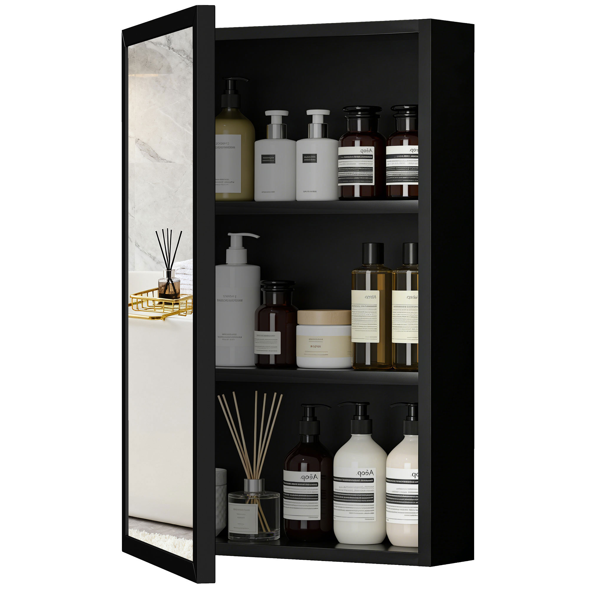 Badezimmerschrank Mit Spiegel, Badezimmermöbel, 3 Ablagen, Edelstahl, 40 X 12 X 60 Cm, Schwarz