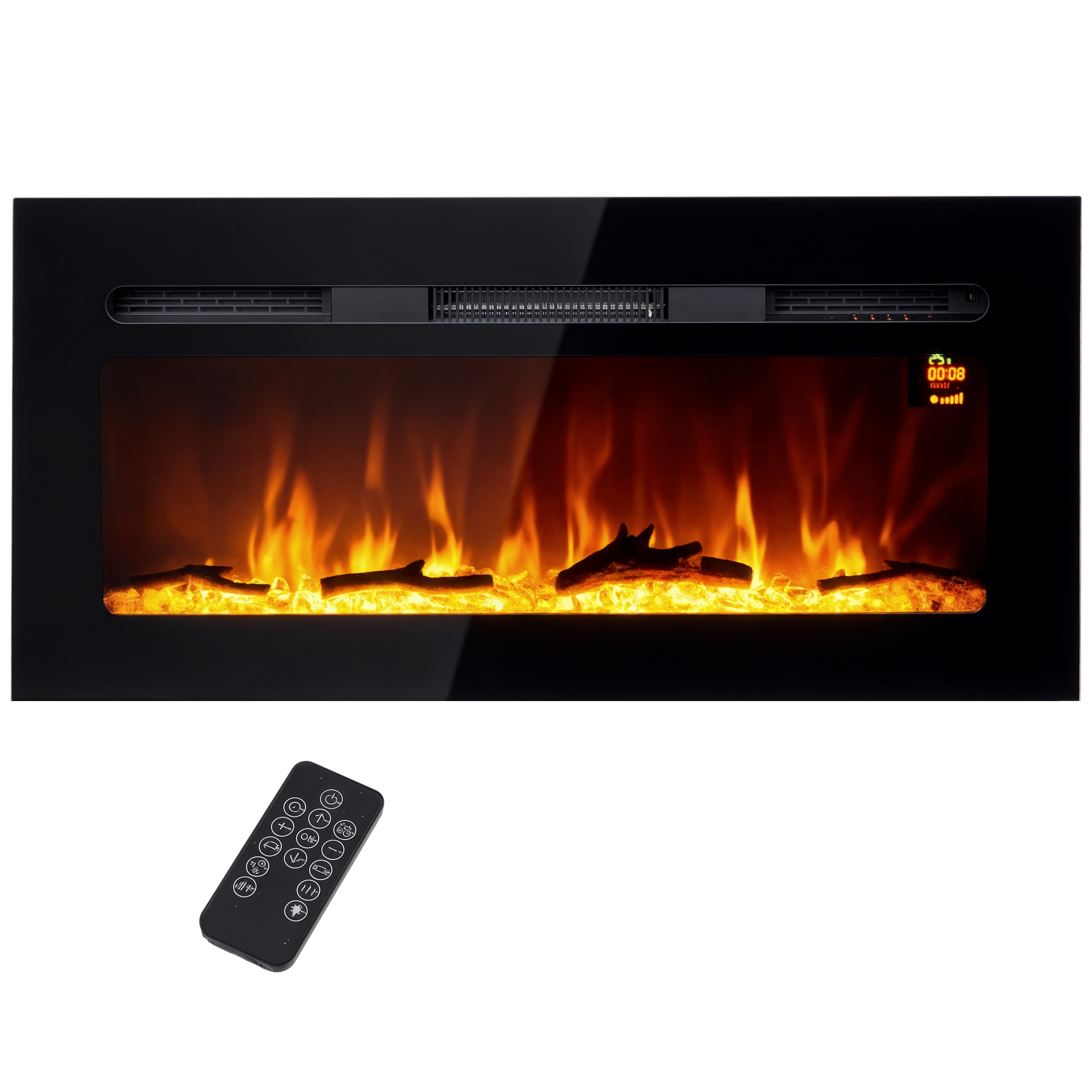 Elektrischer Wandkamin Mit Fernbedienung, Holzscheiten Und Künstlichen Kristallen, 1800 W Leistung, Schwarz