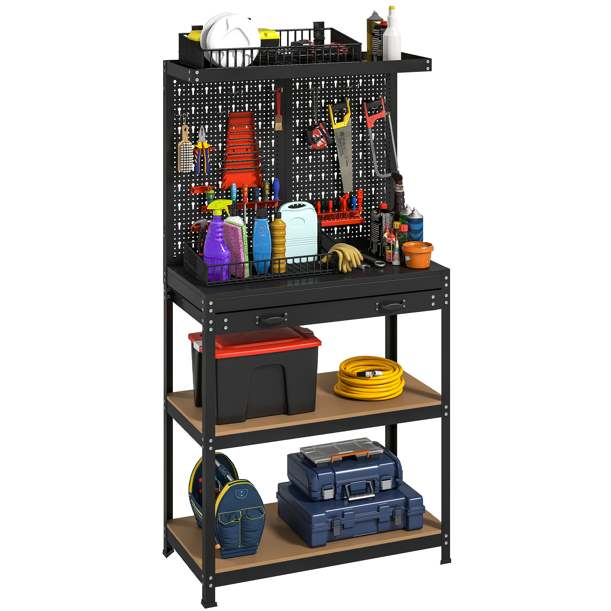 Werkbank 80 X 40,5 X 155 Cm, Mit Lochwand, Haken, Schublade Und 2 Regalböden, Schwarz.