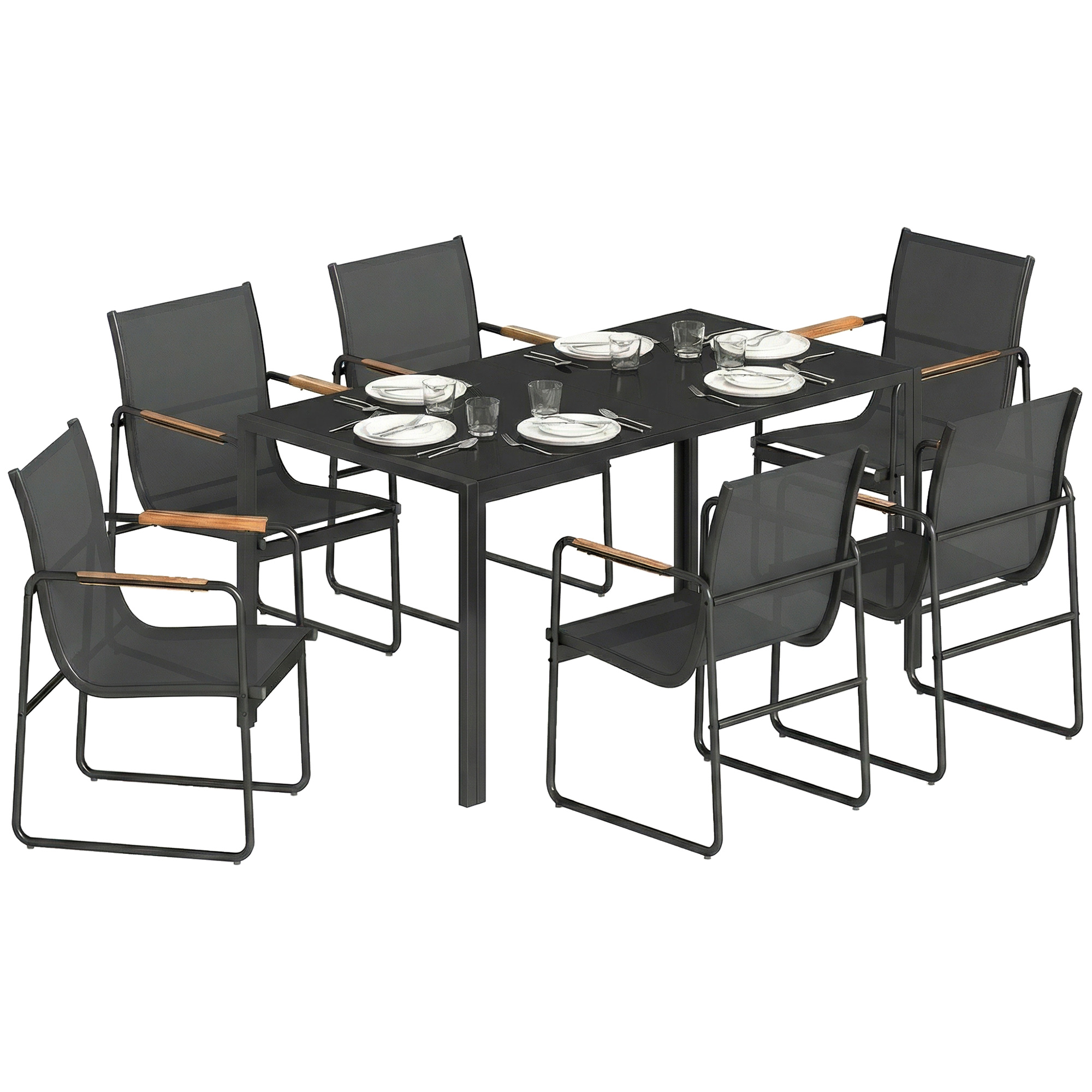 Gartenmöbelset, 150 X 80 Cm Gartenlounge-set, Glastisch Mit 6 Atmungsaktiven Stühlen, Dekorative Armlehnen, Schwarz