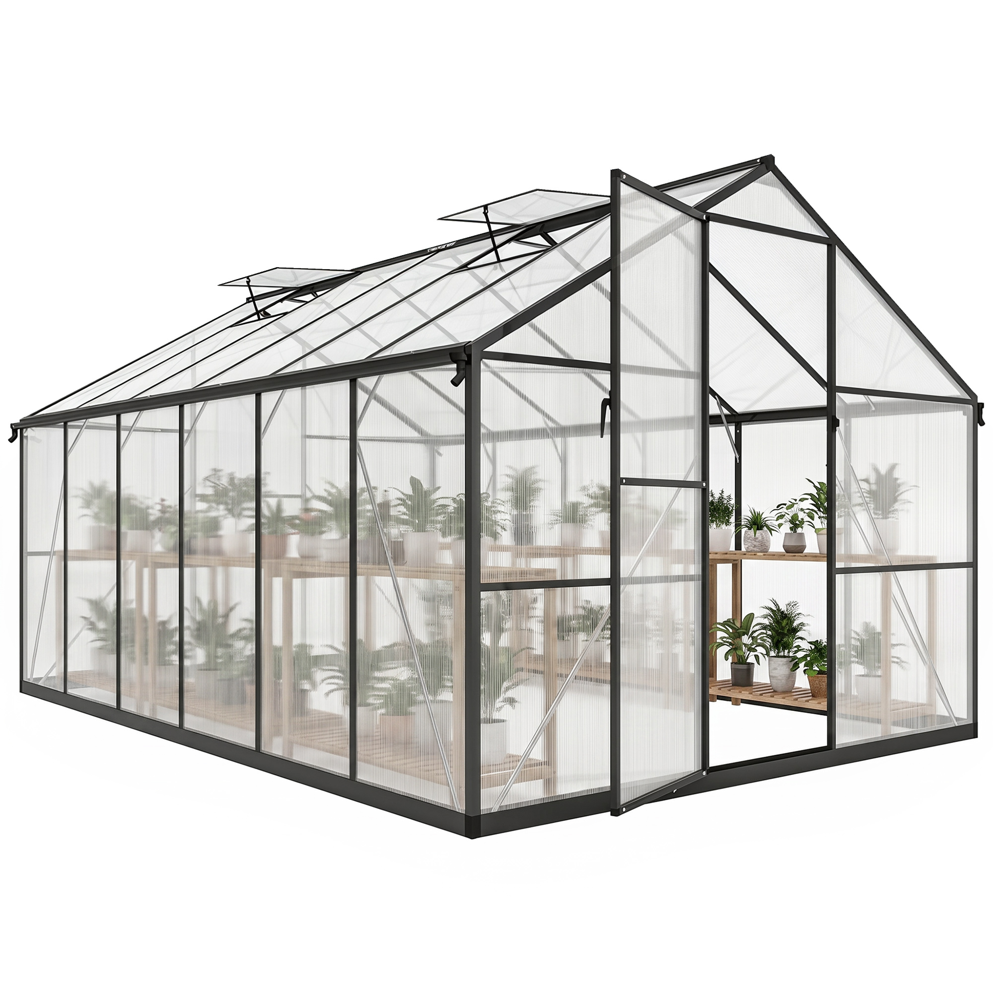 Gewächshaus Aus Aluminium Und Polycarbonat Mit Verstellbaren Dachfenstern, 363 X 247 X 205 Cm, Schwarz