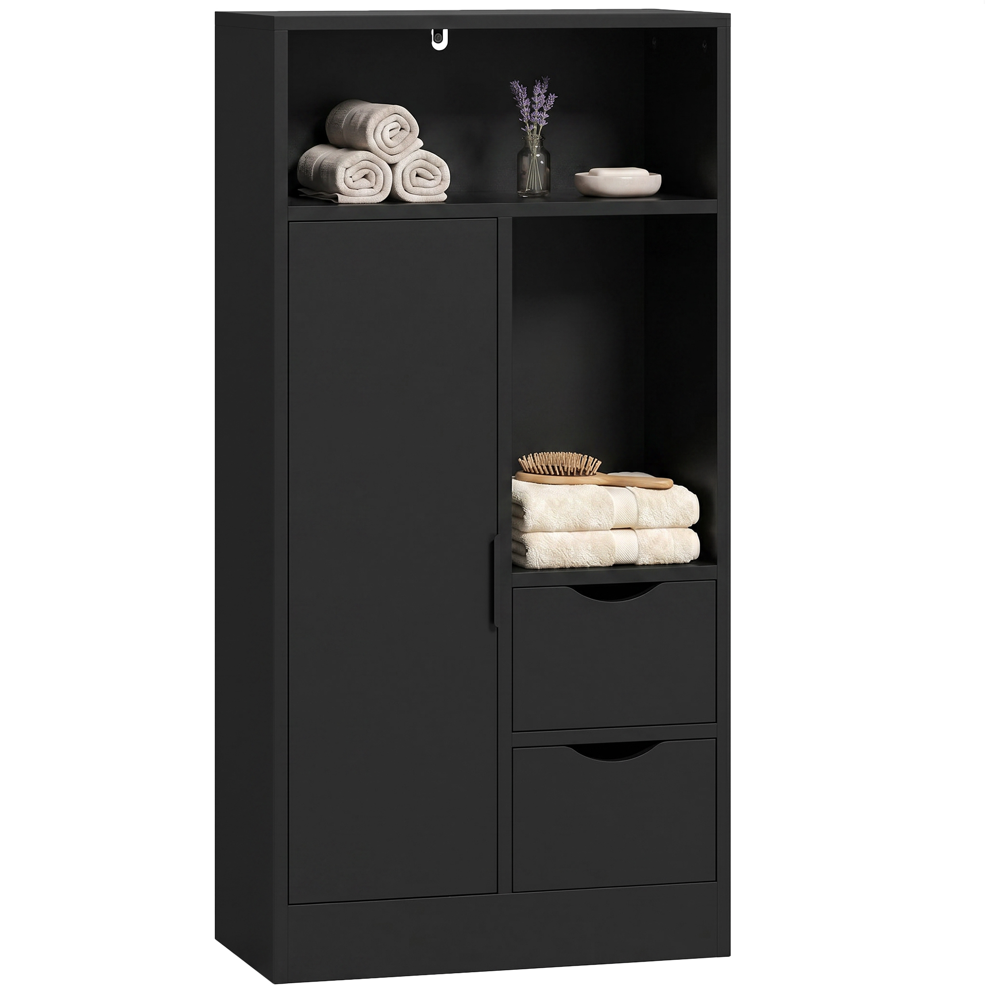 Schmaler Badezimmerschrank Mit Schubladen Und Offenen Fächern, Schwarz