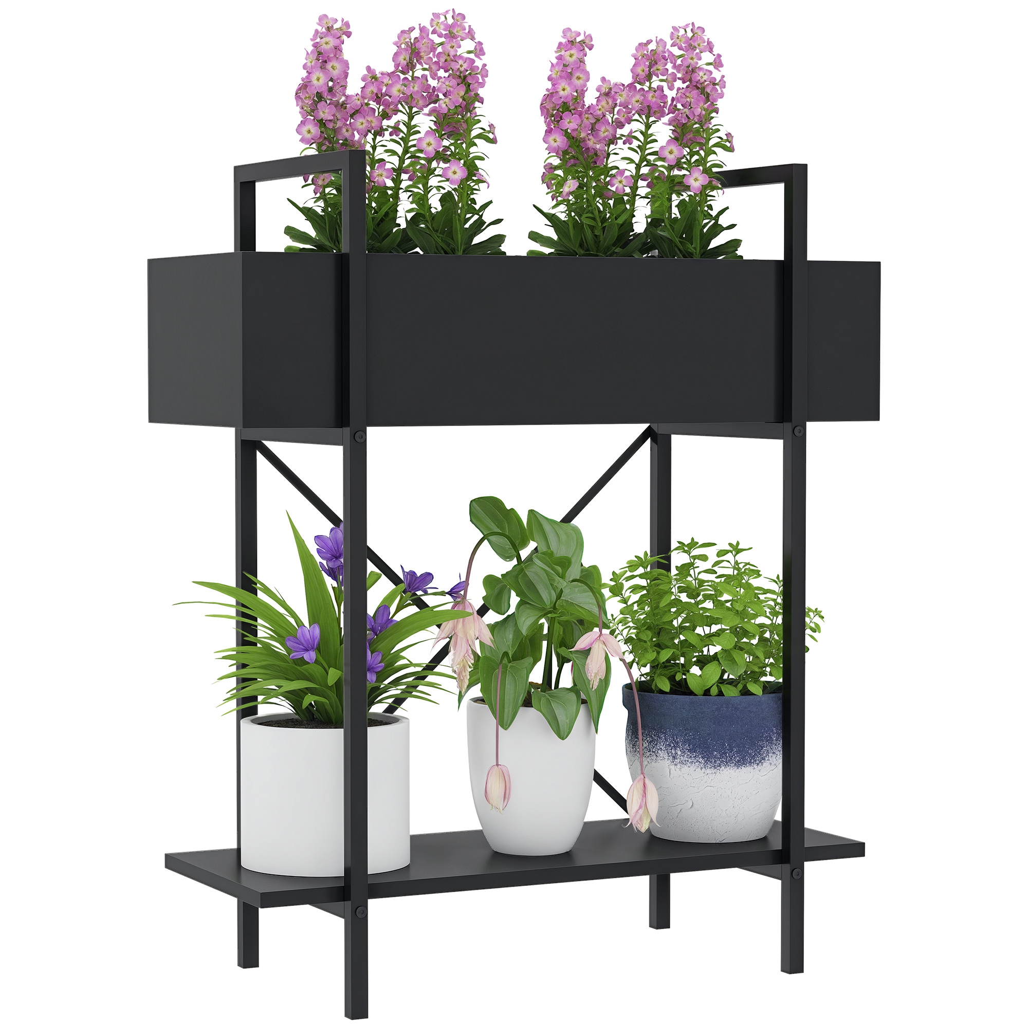 Pflanzenständer, 2-stöckiger Blumentopfständer, Abflusslöcher, Für Den Innen- Und Außenbereich, Aus Schwarzem Metall.