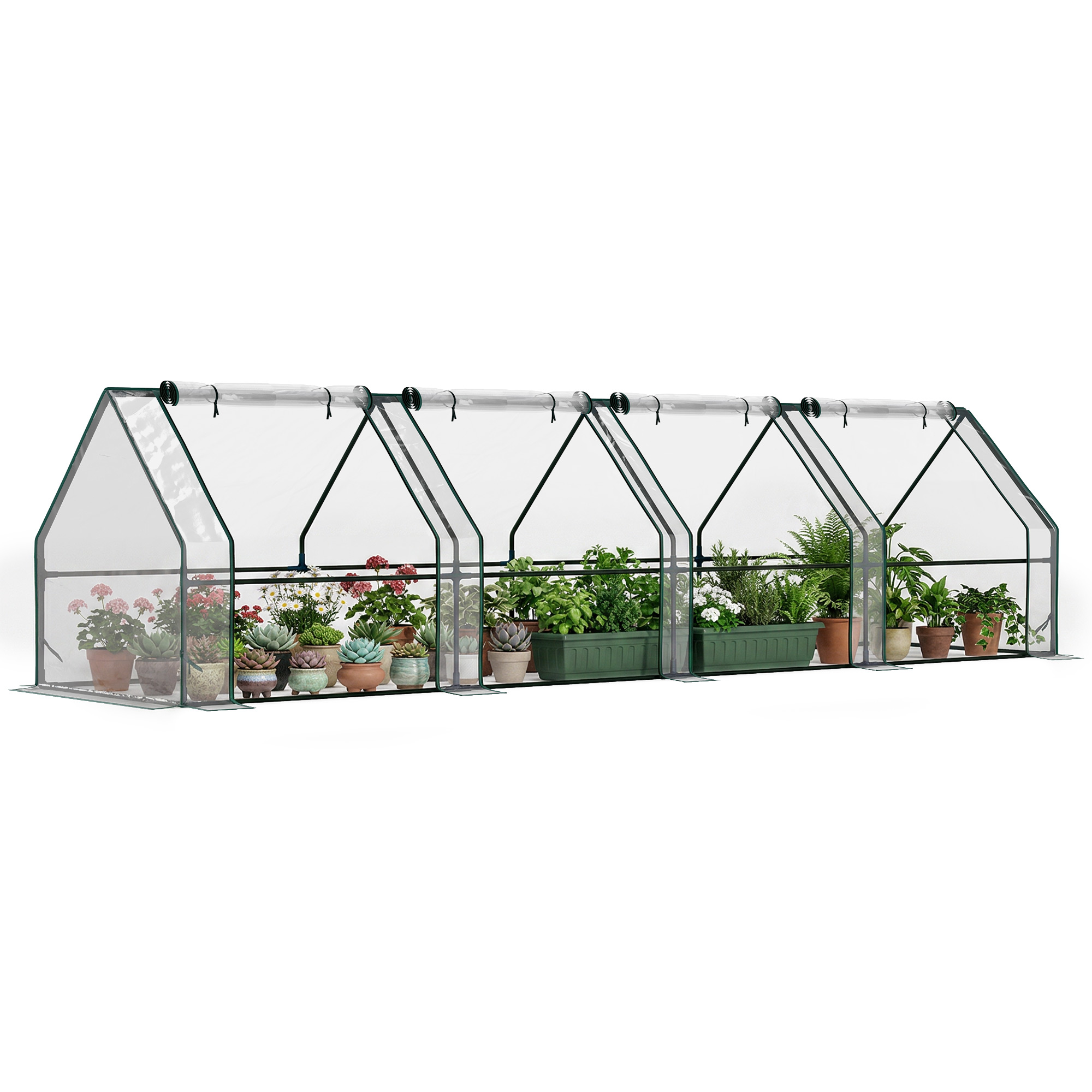 Mini-gewächshaus Mit 4 Rolltüren Und Stretchfolie, Aus Stahl Und Pe, 360 X 90 X 90 Cm, Transparent