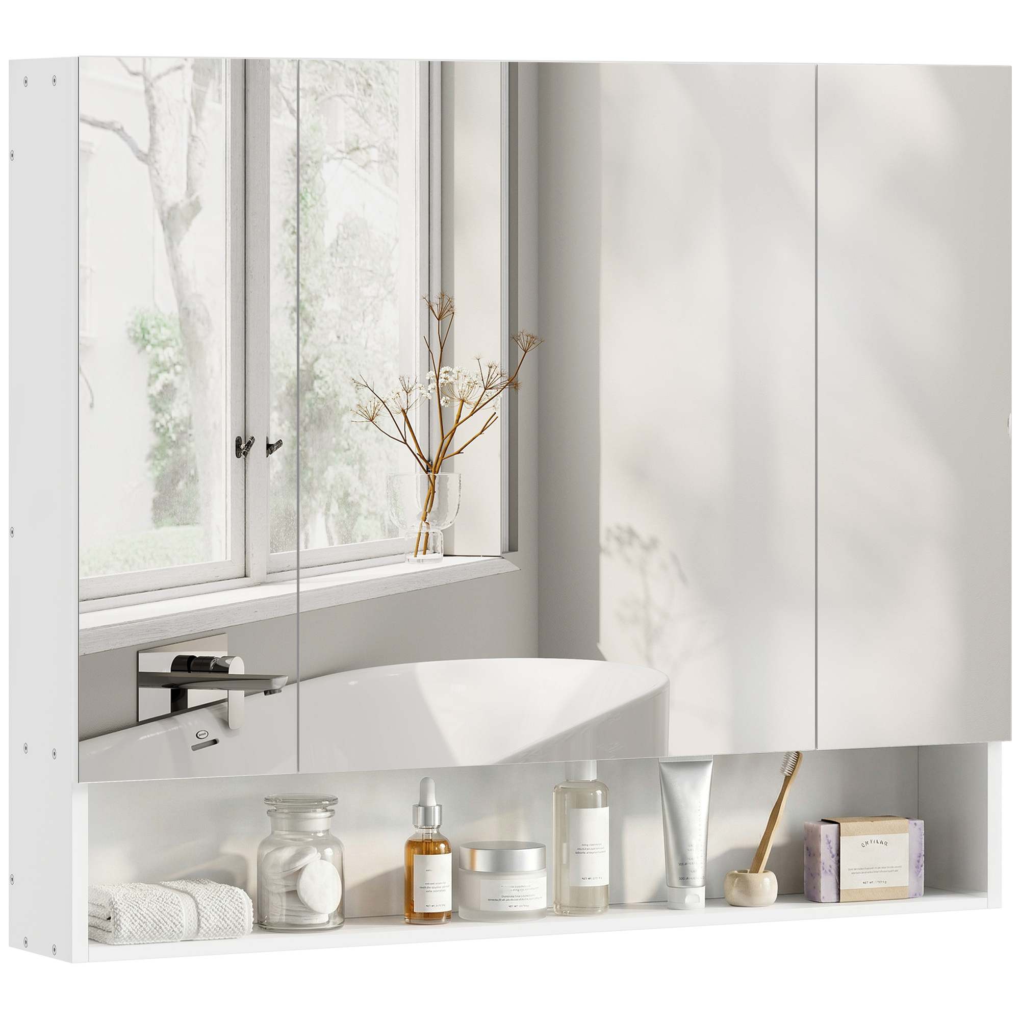 Badezimmerspiegel Mit 3 Türen Mit Soft-close-funktion Und Verstellbaren Ablagen, 90 X 15 X 75 Cm, Weiß