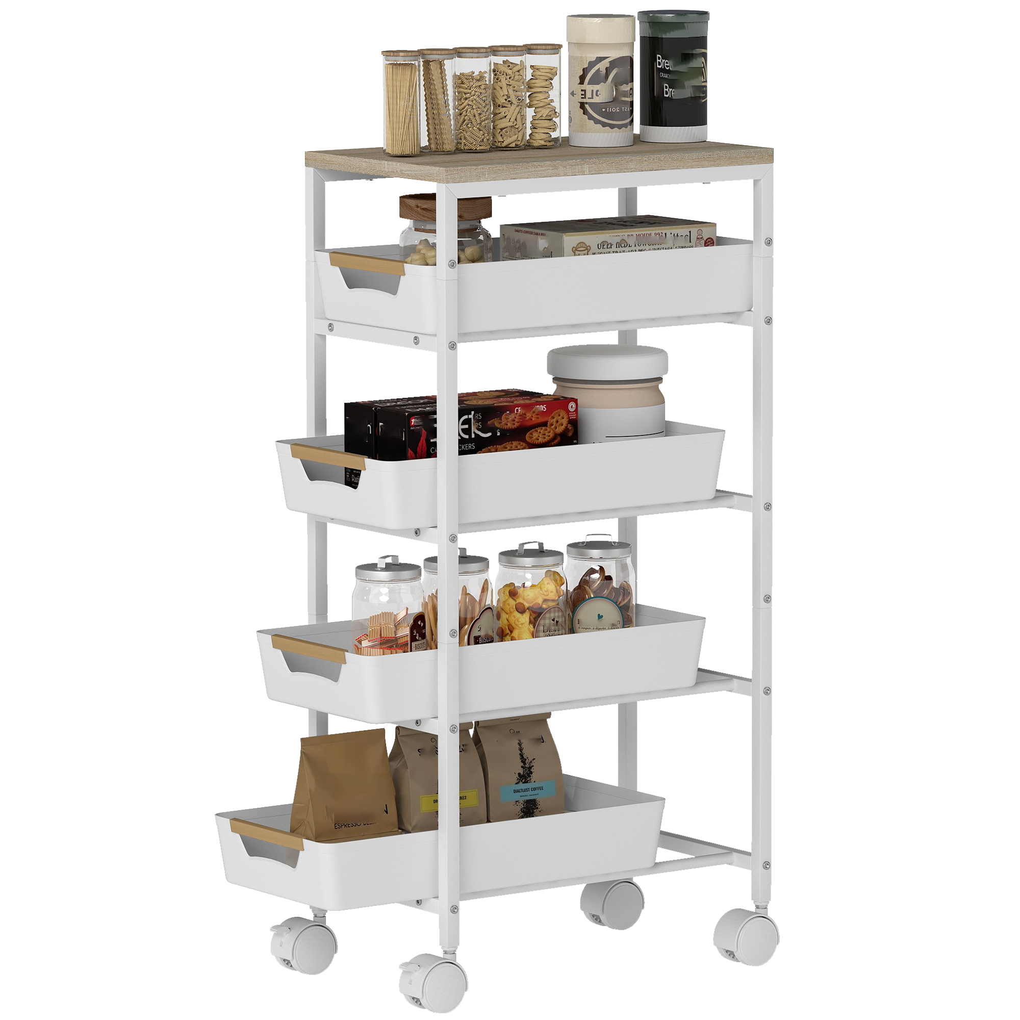 5-stöckiger Küchenwagen Mit 4 Herausnehmbaren Körben, Aus Metall, Polypropylen Und Holz, 39,5 X 24 X 82 Cm, Weiß Und Eiche