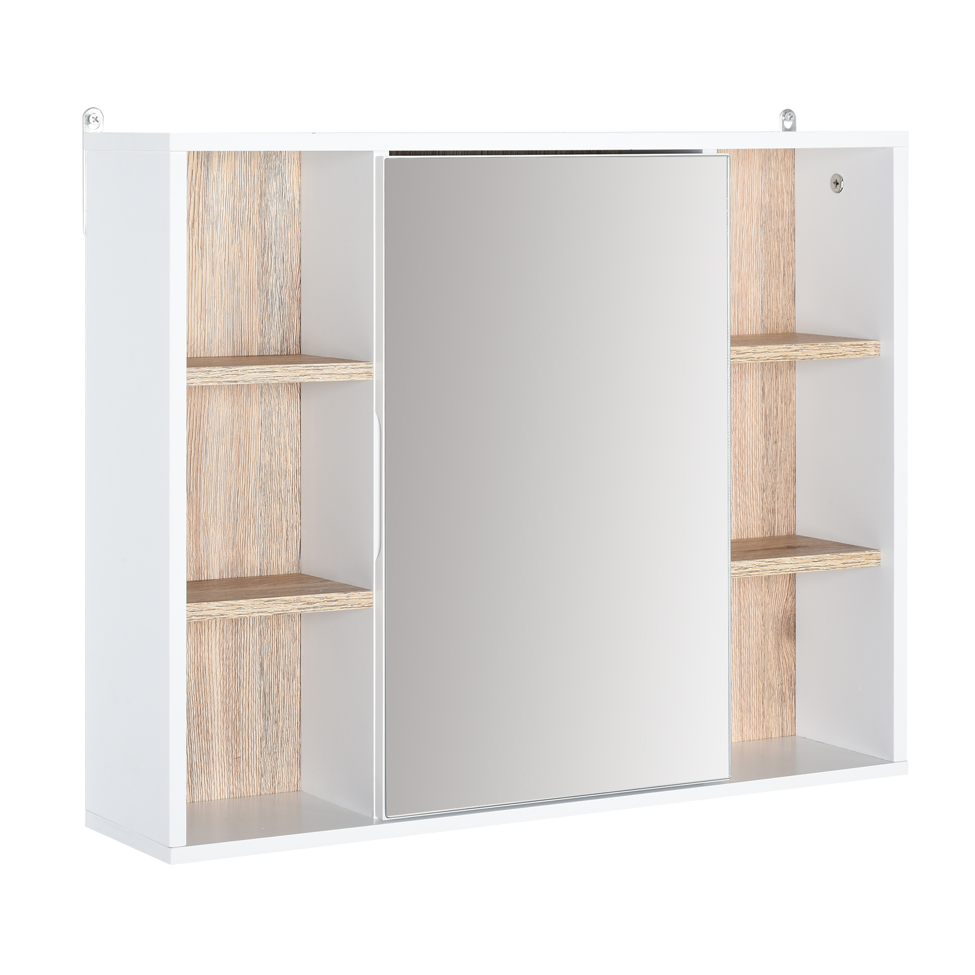 Wandhängender Badezimmerschrank Mit Spiegel, Integriertem Stauraum Und Verstellbaren Einlegeböden, 60 X 14,5 X 49,4 Cm, Weiß Und Eiche