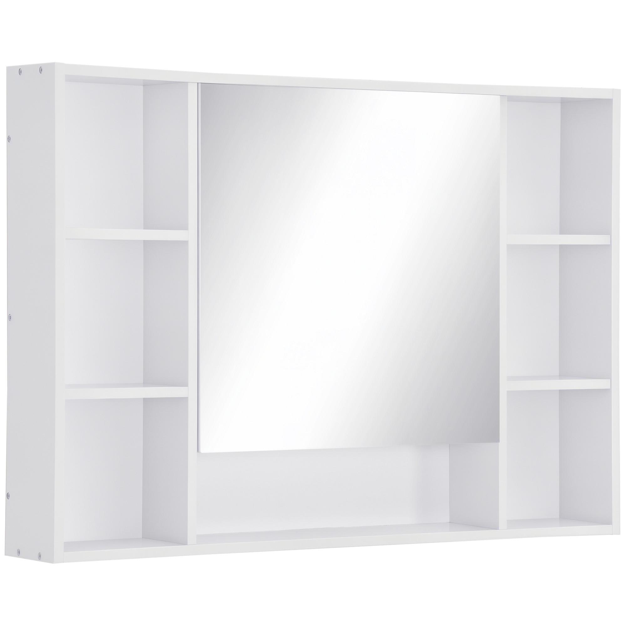 Wandhängender Badezimmerschrank Mit Spiegel, Tür Und Offenen Regalen, 100 X 15 X 70 Cm, Weiß