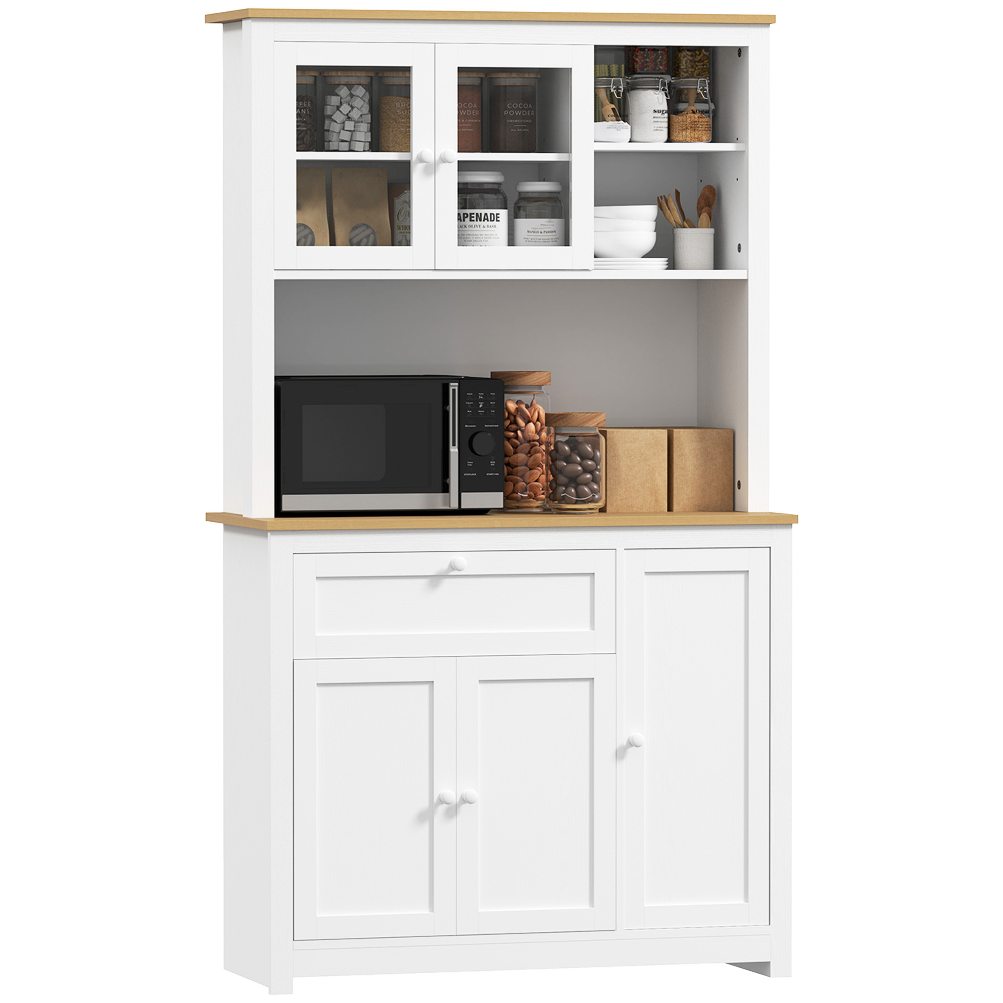 Küchenzeile Im Landhausstil, 1 Glasschrank, 1 Offenes Regal, 1 Schublade, 2 Schränke, Natur Und Weiß