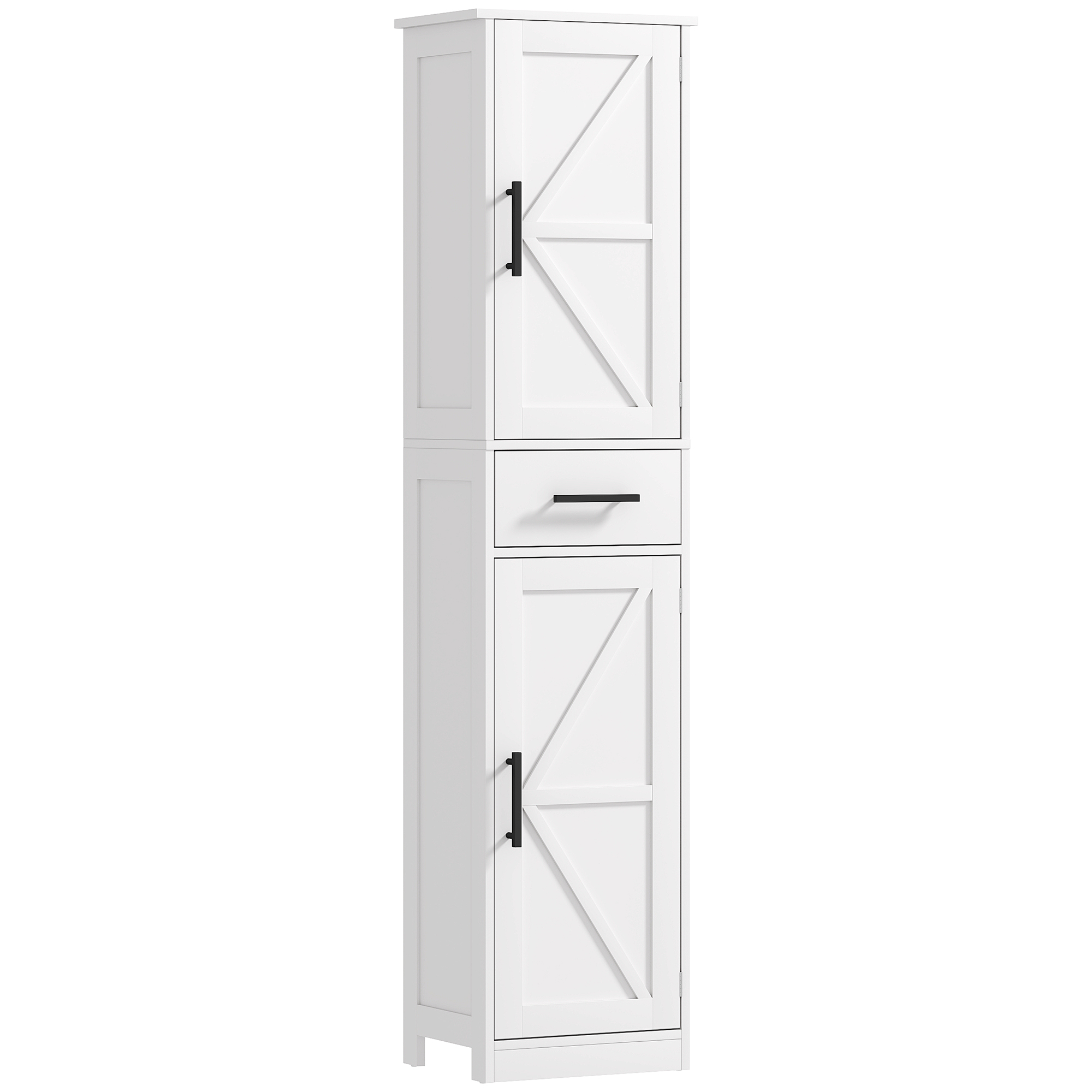 Hoher, Schmaler Badezimmerschrank Mit 2 Türen, 1 Schublade Und 2 Verstellbaren Einlegeböden, Rustikaler Stil, 40 X 30 X 170 Cm, Weiß