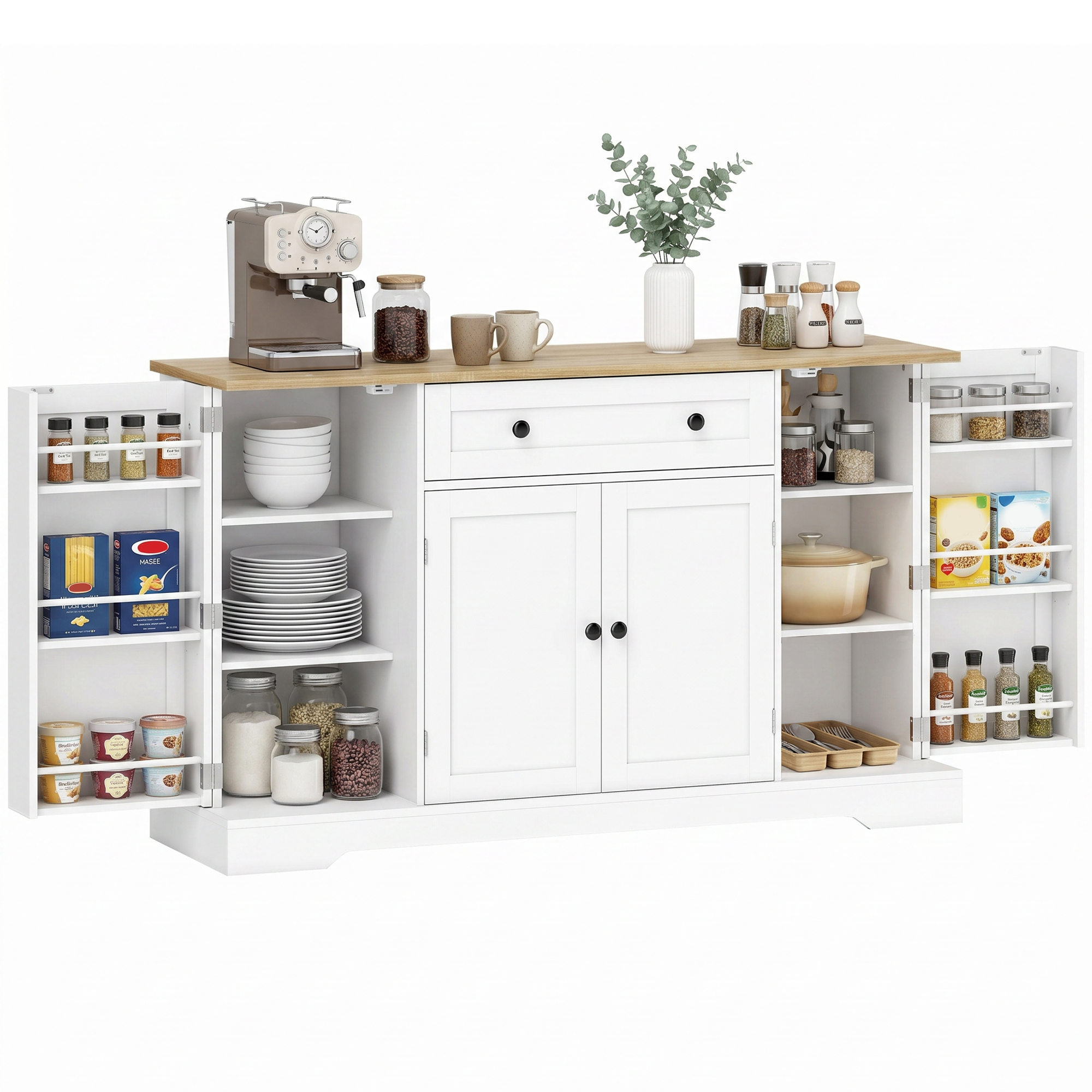 Küchen-sideboard Mit 4 Türen, Schublade, Verstellbarem Einlegeboden Und Türablagen Für Küche Oder Esszimmer, 138 X 40 X 85 Cm, Weiß