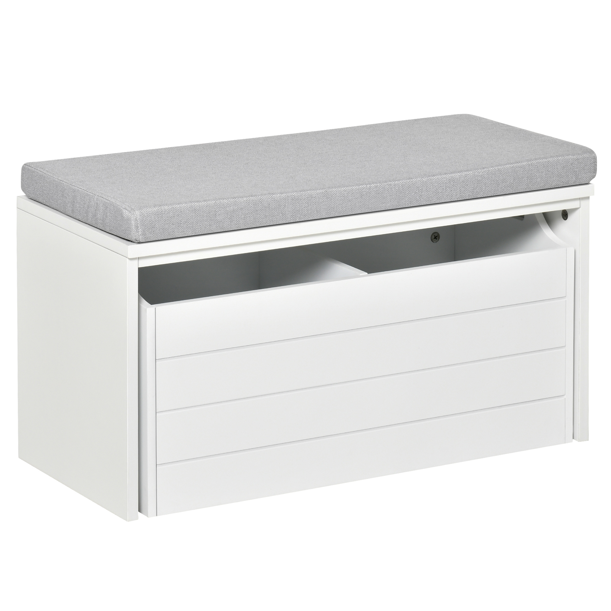 Aufbewahrungsbank Mit Grauem Kissen – Schuhschrank – Schuhbank Mit Großer Doppelschublade – Weißes Mdf