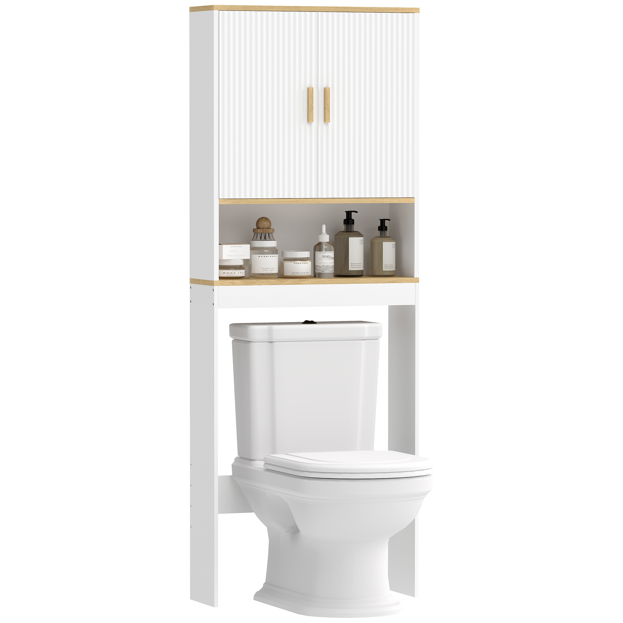 Dreistufiges Badezimmerregal Zur Anbringung Über Der Toilette, Mit Offenem Fach, Zwei Türen Und Verstellbarem Einlegeboden, 64 X 20 X 170,5 Cm, Weiß