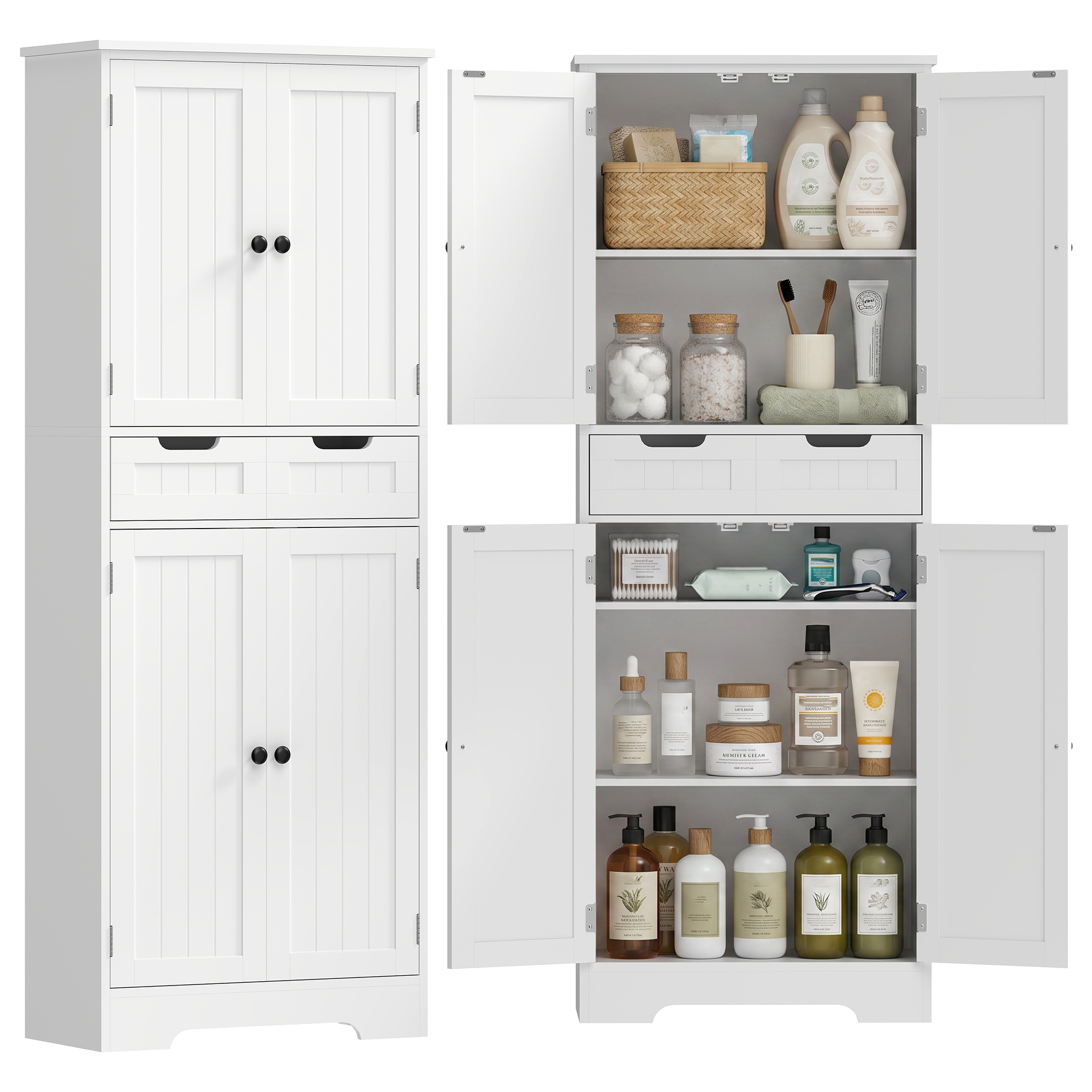Badezimmerschrank, Aufbewahrungseinheit Mit Schublade Und 4 Türen, Modernes Design, 60 X 30 X 160 Cm, Weiß