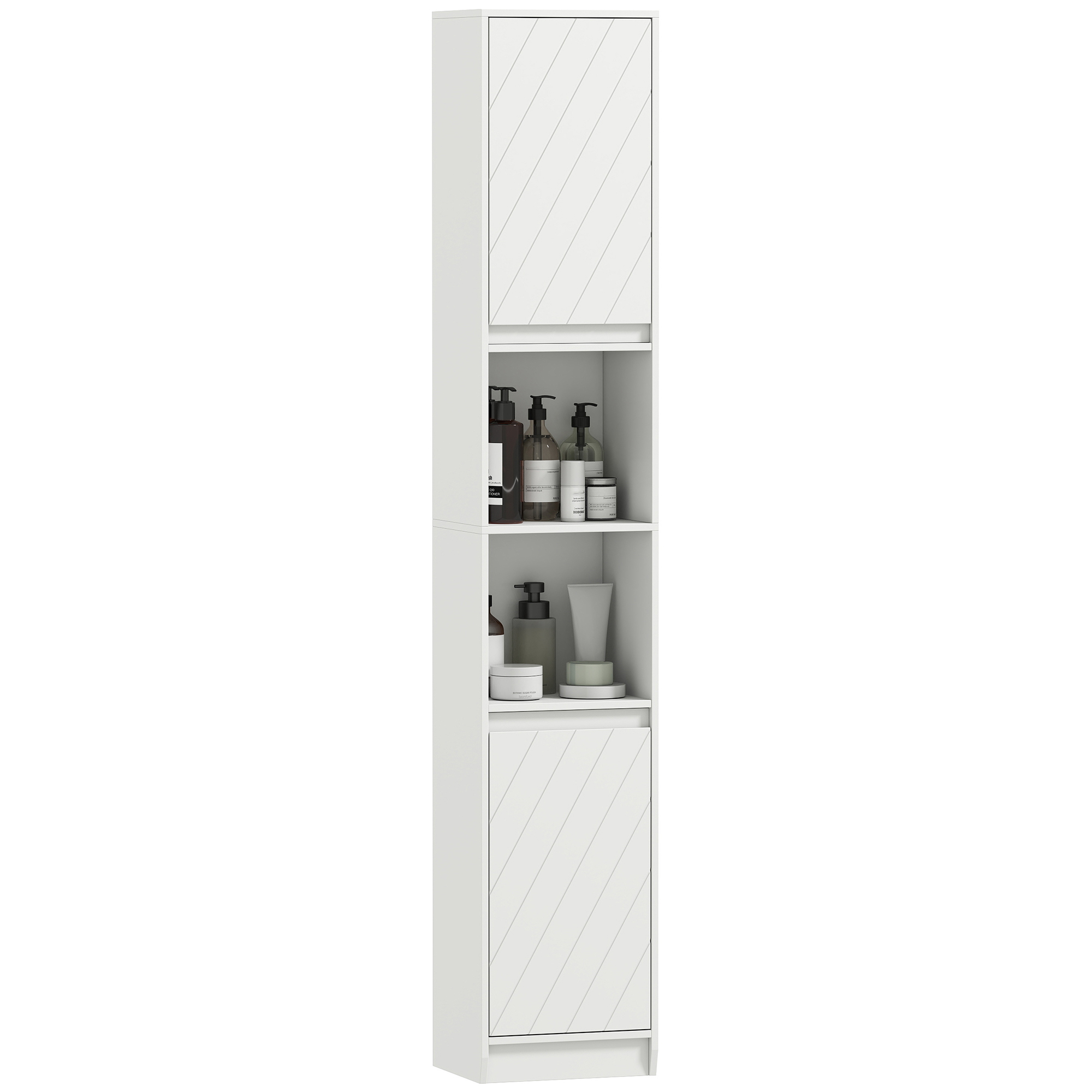 Schmaler Badezimmerschrank Mit 2 Türen Und 2 Offenen Regalböden Für Kleine Räume, 30 X 24 X 170 Cm, Weiß
